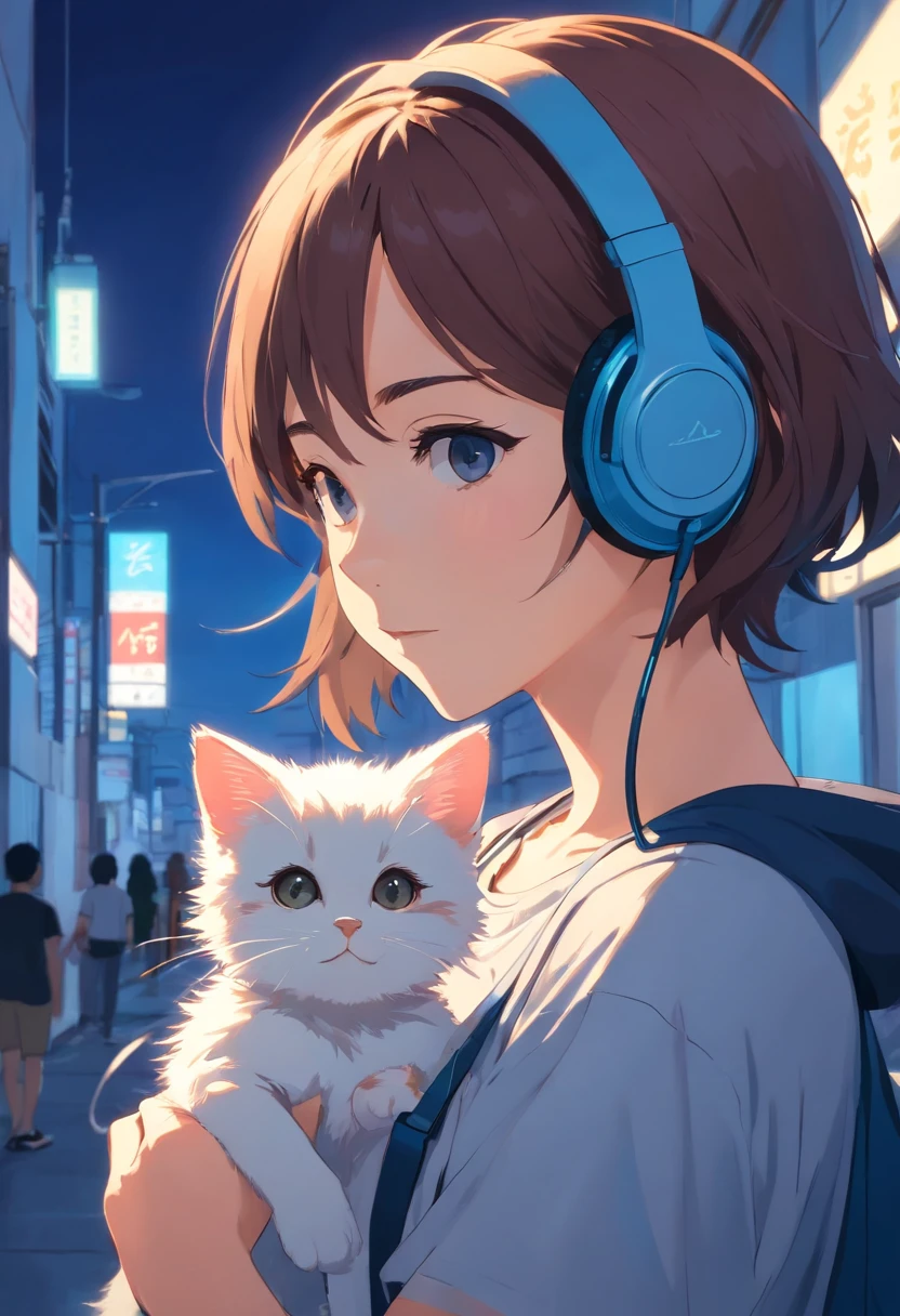 1 girl looking at a kitten white,girl with headphones,masker,The background is dark blue wall, Wearing Black T-shirt
