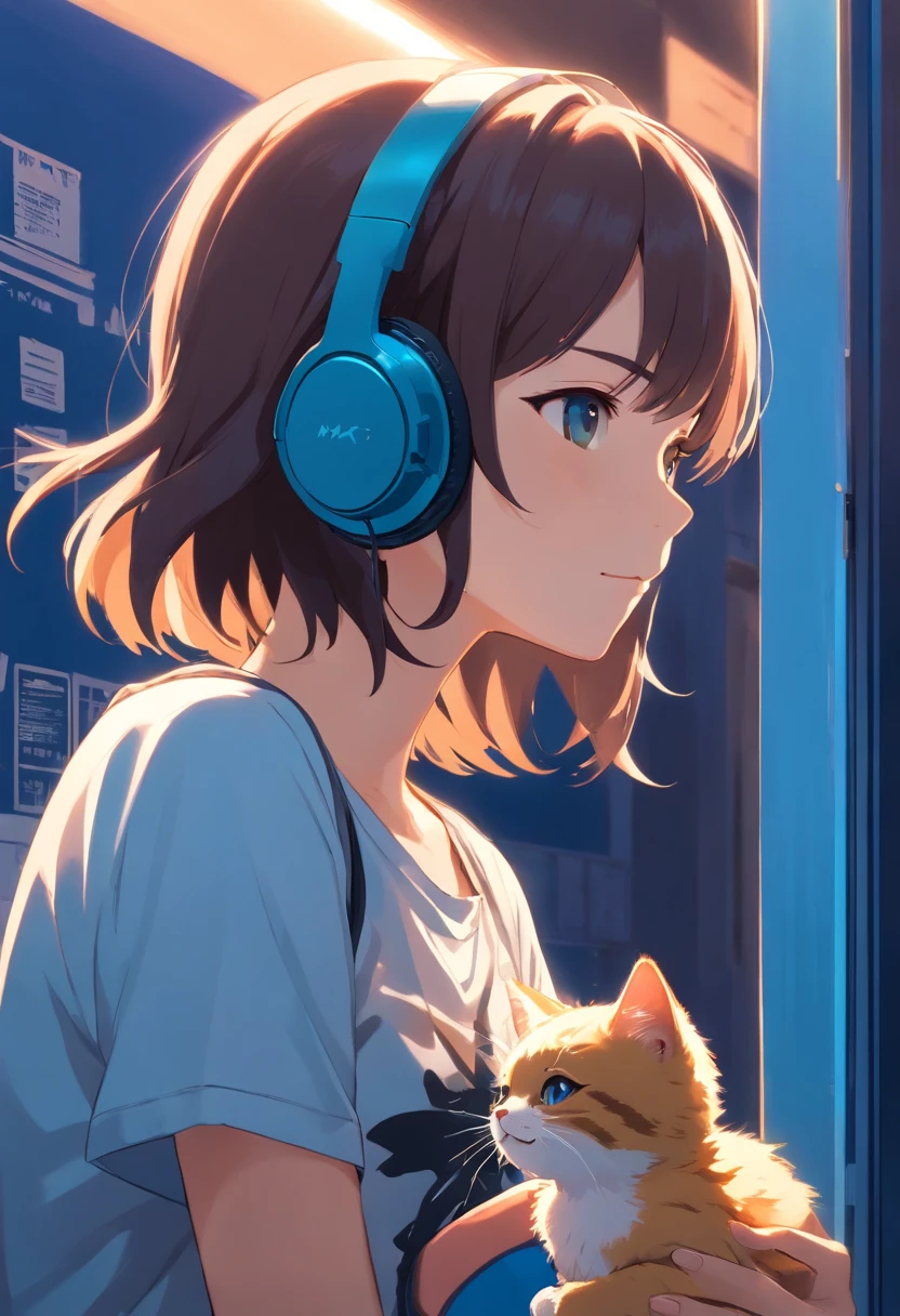 1 girl looking at a kitten white,girl with headphones,masker,The background is dark blue wall, Wearing Black T-shirt