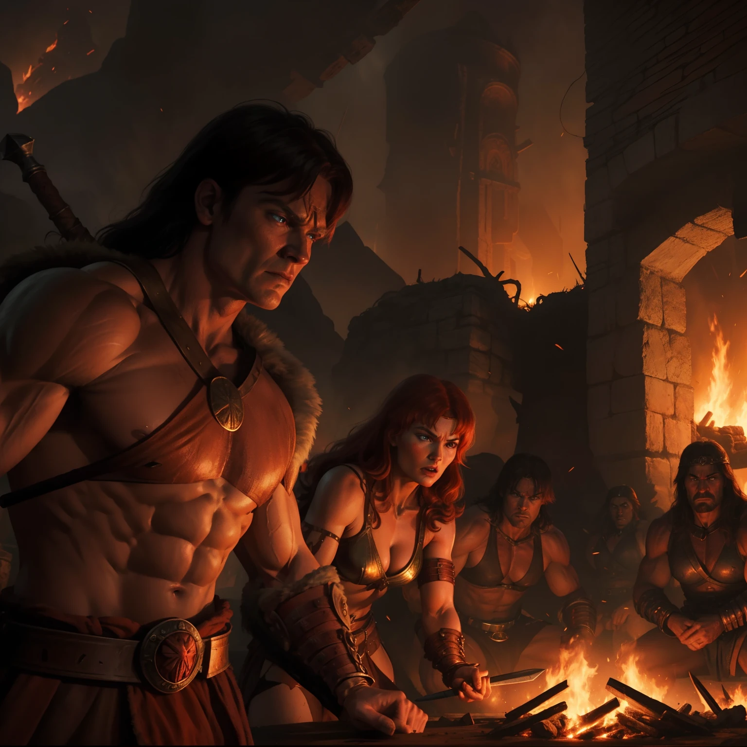 Conan and Red Sonja in a Cimmerian village in an epic battle scene. fire all around them.