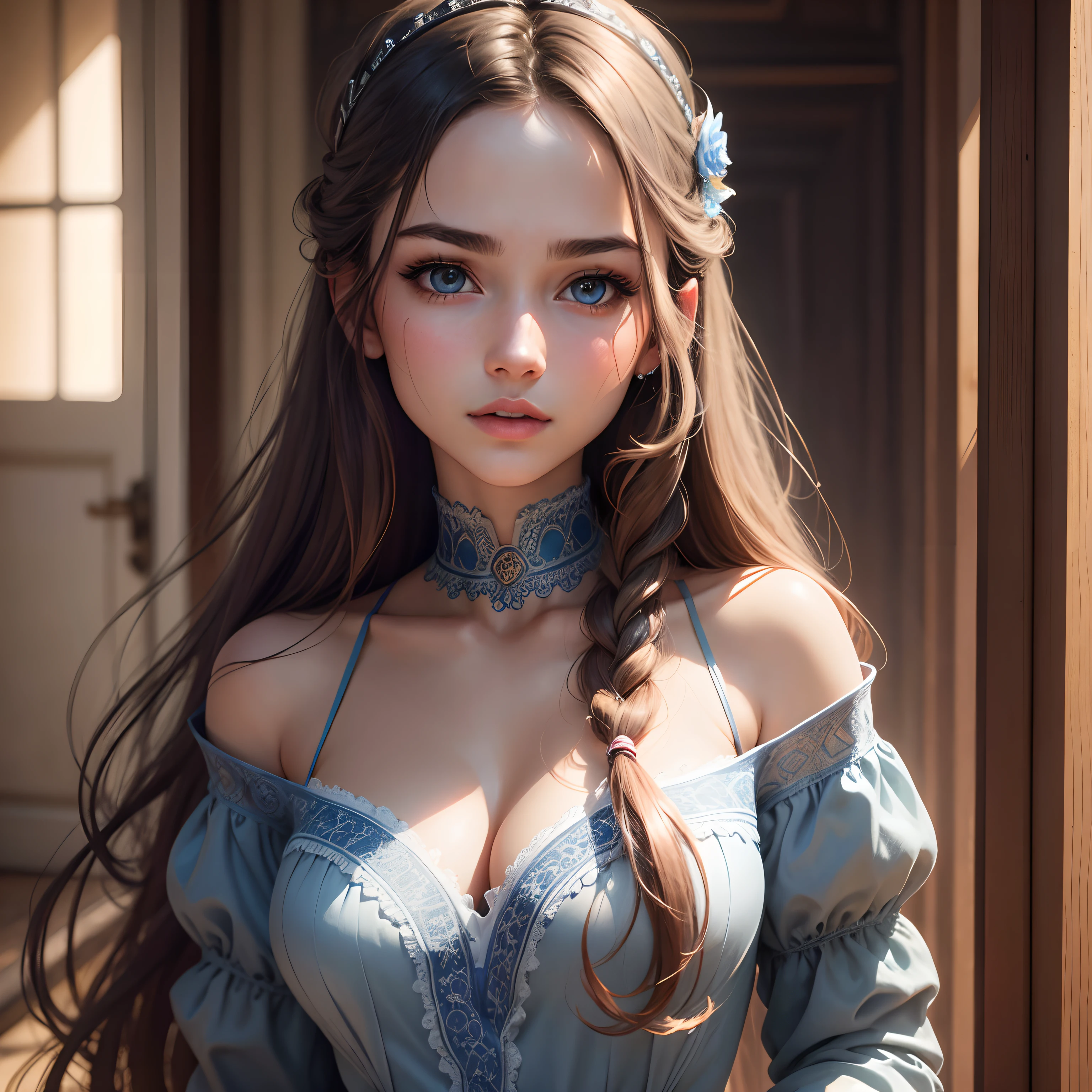 High Quality, Best Quality, Photorealistic, Raw Photo, Realistic, Ultra Real 8K CG, Ultra Detail, High Definition, Masterpiece, 1 Girl, 18 yrs ols, Female Beautiful Face, Soft Face, Elegant, Long Hair, Blue Eyes, Light Blue Eyes, Close Up, Intricate Details, Detailed Textures, Fine Details, Front Face , female natural body, sexy, very beautiful young female face,