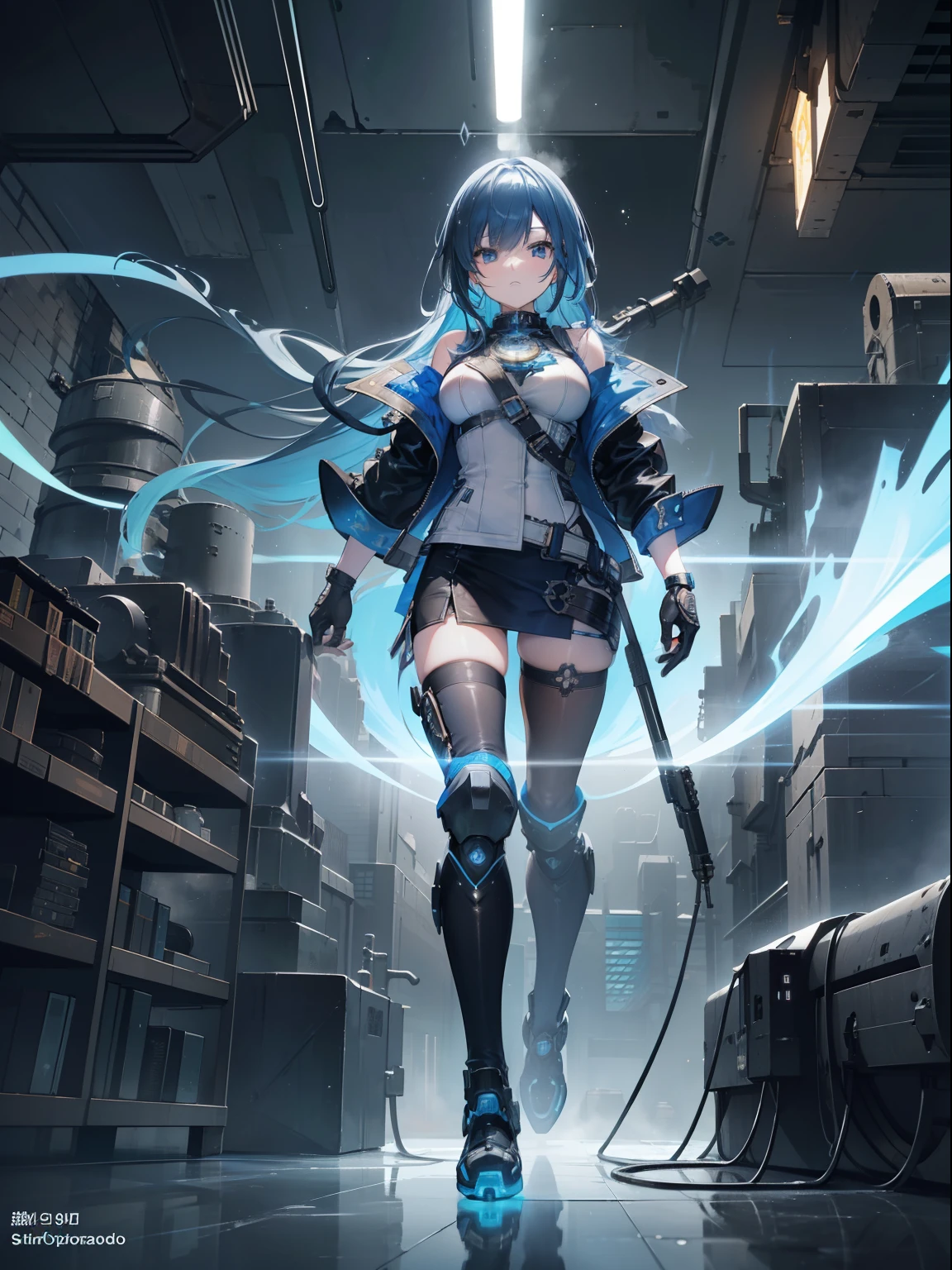 ​masterpiece, 8K ultra-high resolution, Top resolution, 8K accurate rendering, Beautiful and smooth depiction, Inverted triangle composition, Very cute woman in anime style, (hitomi, Beautifully drawn eyes:1.2), Wearing a steampunk-style jacket decorated with countless gears and watches, Blue straight hair, ((Intricately designed piping and gear, Sky blue leather jacket adorned with countless gears and chronometers, Full body, Vast steam, ), high sky, Galaxy Images, (Faint smile), Countless luminescence, (Countless factories, An industrial city built with countless gears and pipes, Bright city decorated with nixie lights, Steam overflow, Spatial expanse, Sunlight is covered with steam, Random structure), (radiant light, Splash Art Style), Beautiful rendering,