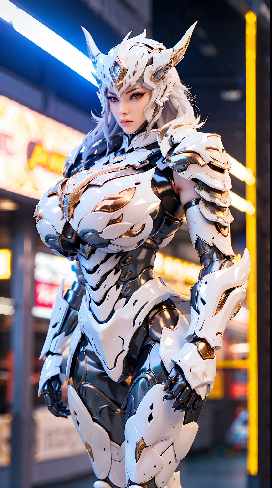 FUTURISTIC WHITE DRAGON WOMAN, MECHANICAL ARMOR, MUSCLE BODY,