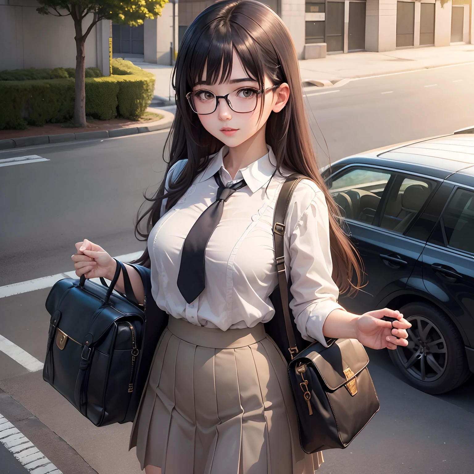 masterpiece, best quality, ultra-detailed, illustration,, (paisura:1.4), 1girl, glasses, small breasts, necktie, skirt, bag, school uniform, black hair, outdoors, road, between breasts, street, school bag, ground vehicle, danchi, japan,,