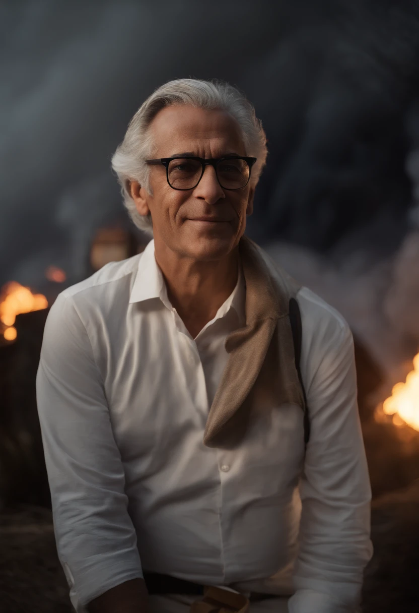 realista cena de cinema retrato de um senhor brasileiro gordo de 170cm de altura, 55 anos, with glasses and gray hair, olhar e sorriso de tranquilidade, In the background of the scene a 6-story building on fire with glass explosions very realistic in Brazil