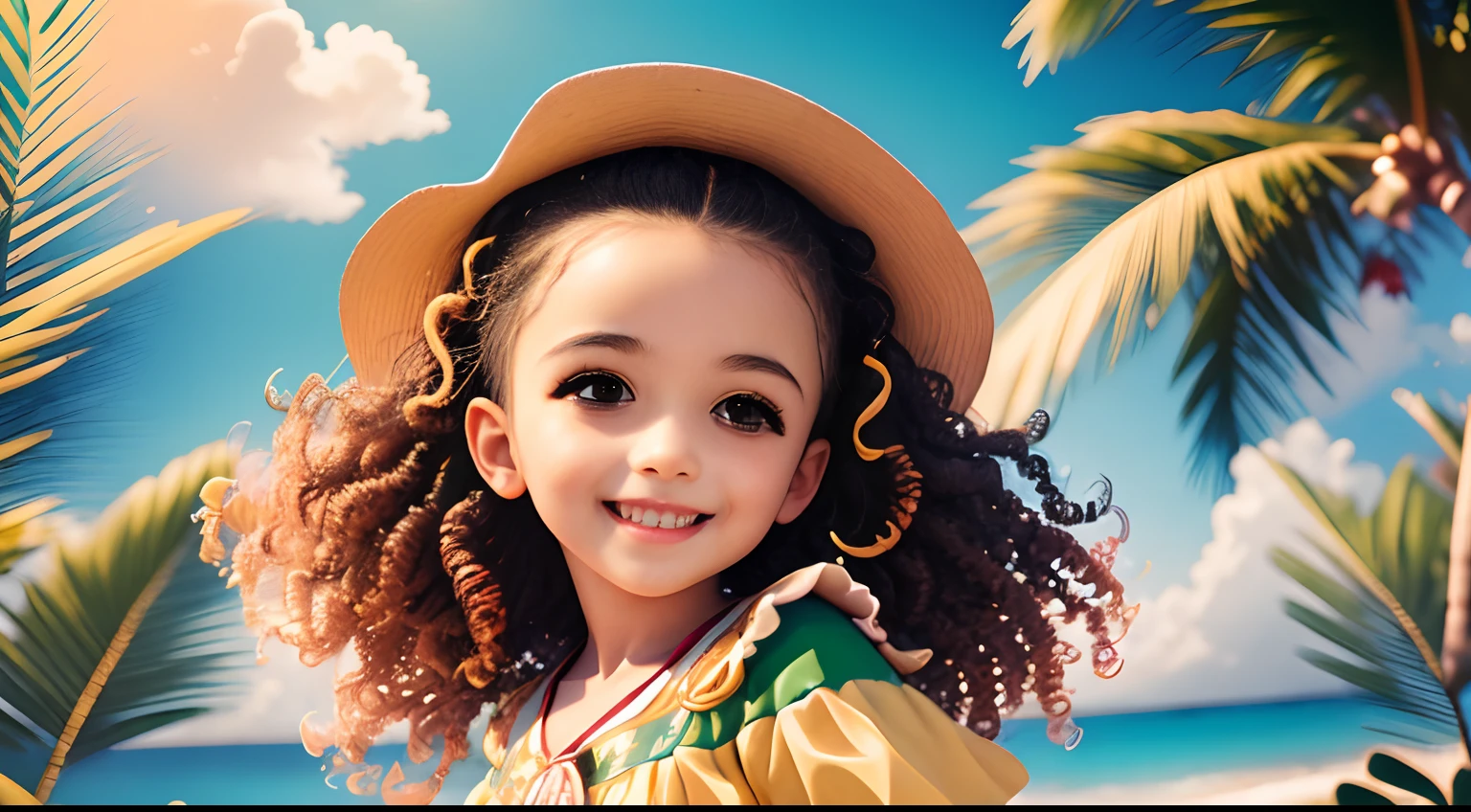 a  holding the flag of Brazil,detailed face,beautiful detailed eyes,beautiful detailed lips,extremely detailed eyes and face,long eyelashes,cheerful expression,curly hair,smiling,green eyes,brown skin,tropical background,summer vibes,vibrant colors,Brazilian sunset,ocean waves,children's portrait,patriotic,brave,joyful,dynamic,traditional clothing,pride and national identity,Brazilian flag pattern on clothes,celebration,parade,victory,energetic,motion,playful,dancing,excitement,flag waving,visual storytelling,illustration style. (best quality,4k,8k,highres,masterpiece:1.2),ultra-detailed,realistic:1.37,portraits,landscape,photorealistic:0.9,vivid colors,lively atmosphere,tropical paradise,professional lighting,bokeh