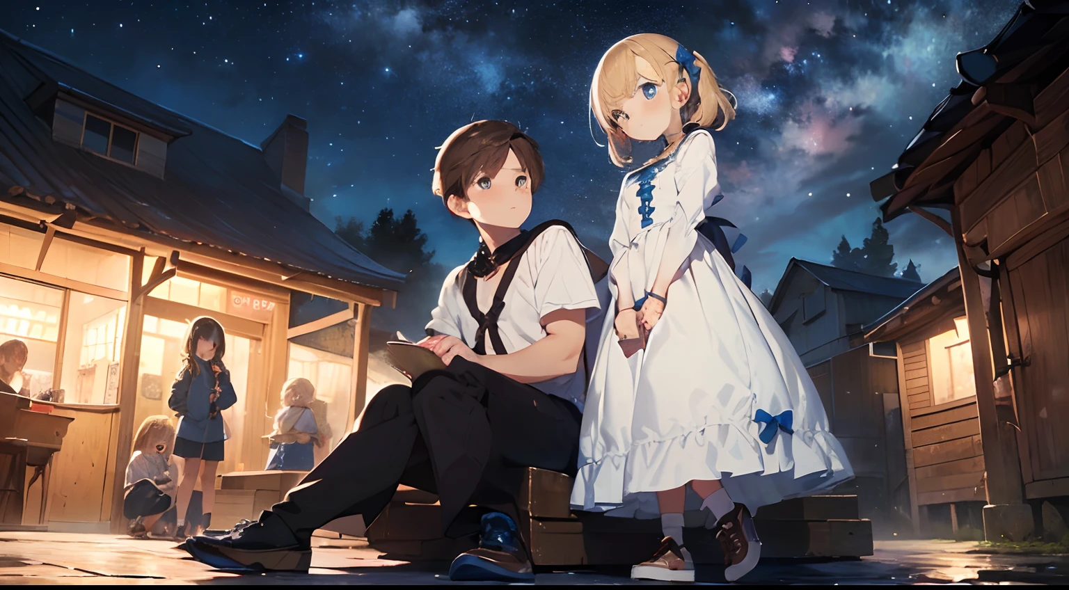 masterpiece, best quality, high quality, ultra detailed 1boy, 1girl (((and 1 younger boy, peasant, brown hair, brown eyes, sad, wearing shoes and 1 younger girl, peasant, blonde, blue eyes, wearing shoes, talking))), Starry sky, Sparse light, Night, anime