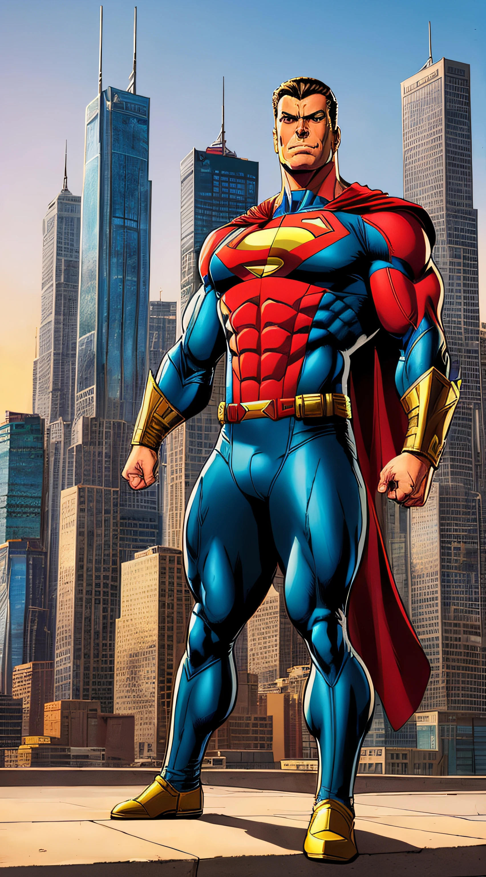 Create a comic-book-style drawing of a veteran hero. He's an experienced character, com detalhes intrincados, the best quality and an extremely vivid representation. His appearance exudes experience, apresentando um rosto com marcas de batalha, a muscular figure and a costume that combines classic elements of the hero with armor worn in combat. Your costume should incorporate a combination of classic superhero colors, como vermelho, azul e dourado, juntamente com detalhes inspirados no militarismo. The scenery is a city skyline at dusk, with a mix of modern skyscrapers and a touch of retro charm. The composition should capture the resilience and determination of the hero, enquanto ele se destaca contra o pano de fundo da cidade. Artistas relacionados a esse estilo incluem Alex Ross, Jim Steranko e John Byrne.