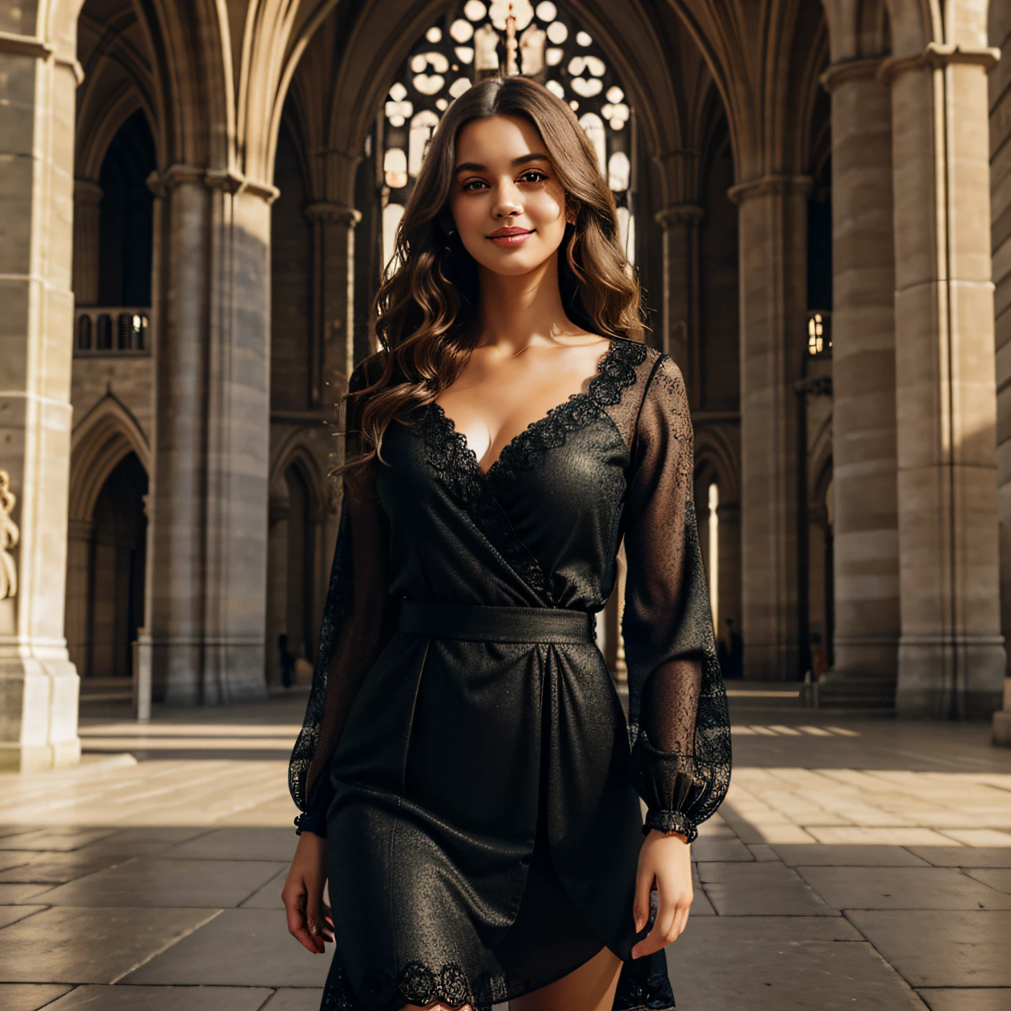 photography of a stunning girl, full body view, wearing a classy clothes, beautiful view catheral Notre Dame, natural bust, wavy hair, intense look, smiling, symmetrical eyes, symmetrical face, photorealistic, photography, path tracing, specular lighting, volumetric face light, path traced hair, visible shadows, intricate, elaborate, hyper realistic