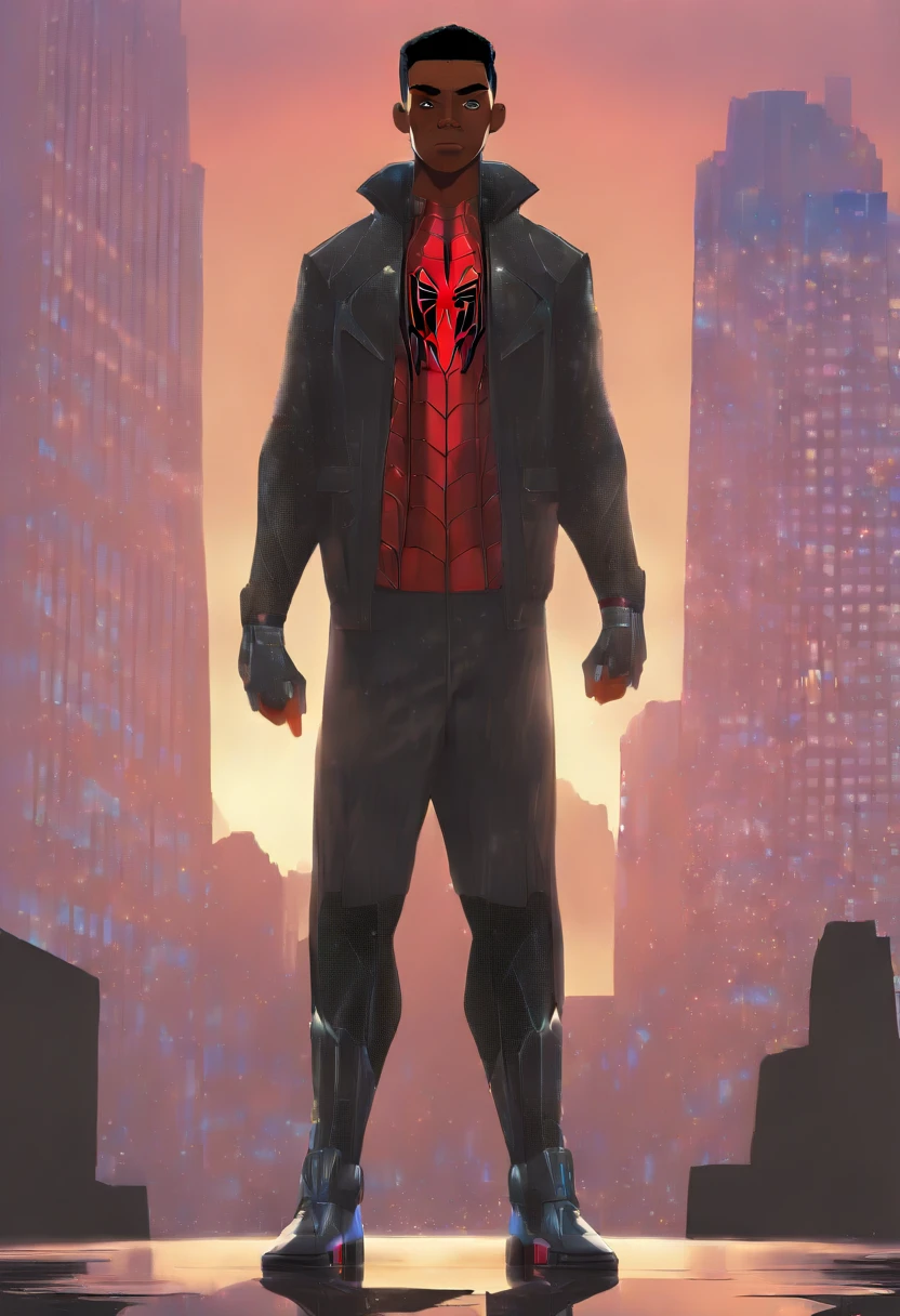 (masterpiece, beautiful, highres), illustration, 1boy, solo, (((cartoon style: 1))), Dark skin male((African-American teenager)) wearing an black panther, a Miles Morales suit, spiderman, red panther sider gwen, red textured pants and shoes, armor, tech suit, smiling, black anime medium-short length hair, T'challa mix with spider man, handsome, vermillion colored eyes, young adult, wakanda streetwear, rainy sky, cityscape, light brown skin, looking at viewer, bright colors, daytime, ((front facing: 3)), closed mouth, thick lineart: 0.6, smug, slim eyes