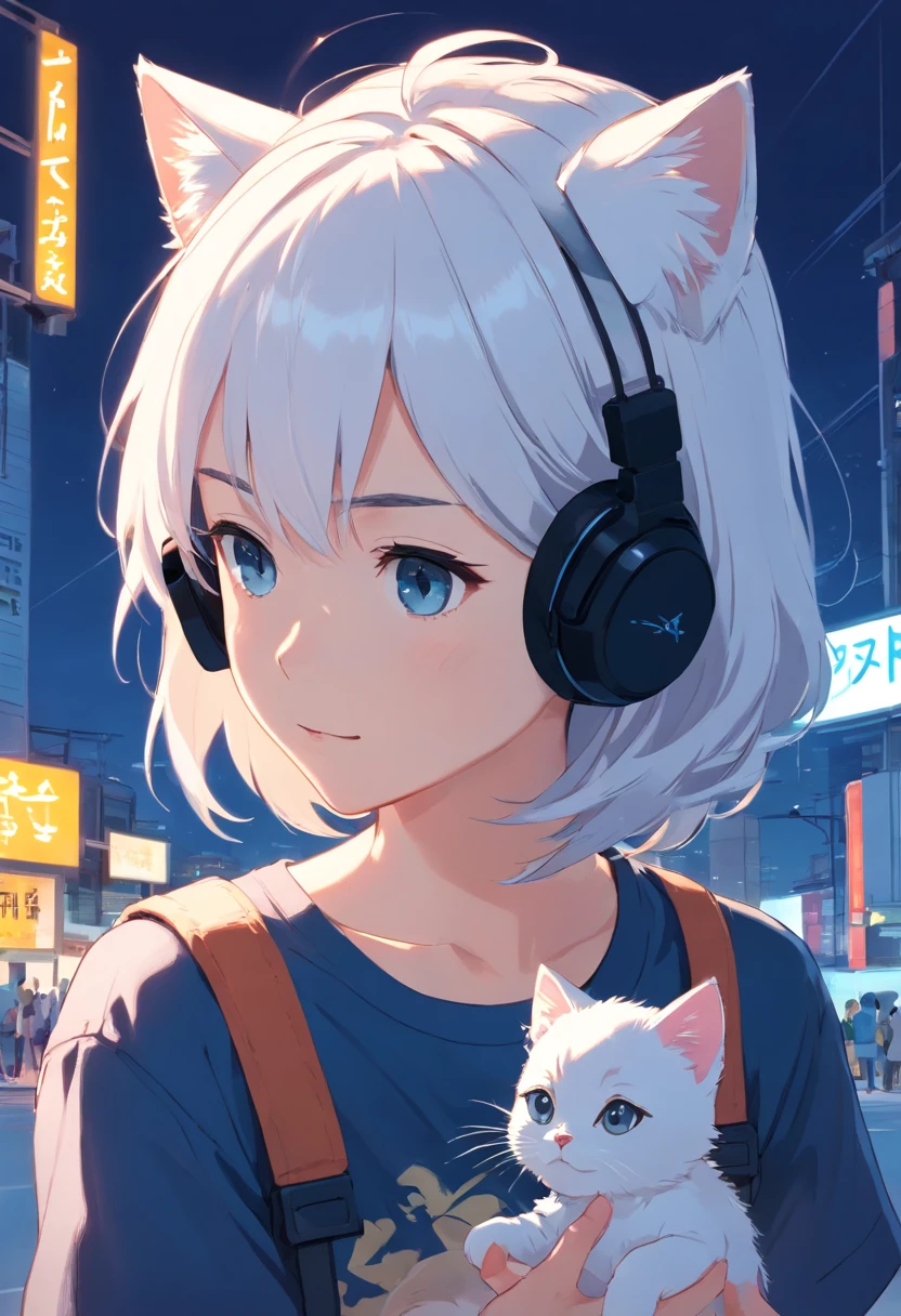 1 girl looking at a kitten white，girl with headphones，masker，The background is dark blue wall, Wearing Black T-shirt, white hair