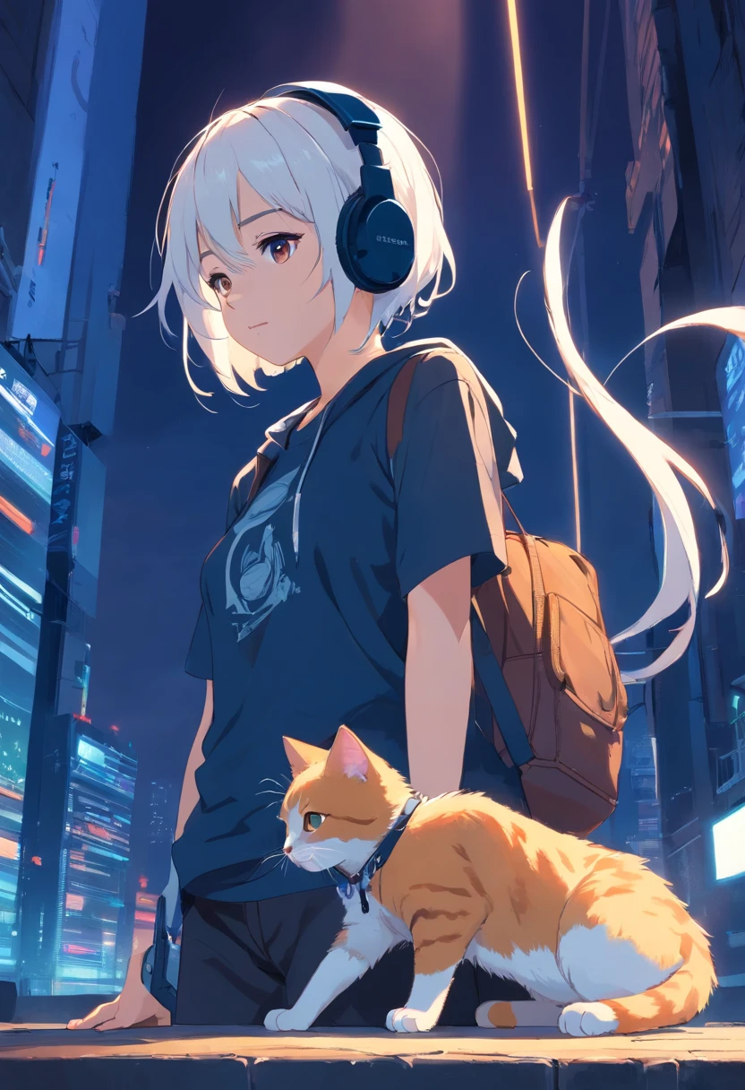 1 girl looking at a kitten white,girl with headphones,masker,The background is dark blue wall, Wearing Black T-shirt, white hair