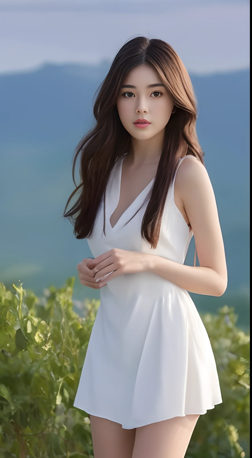 (Ultra photo realsisim, Best quality, Masterpiece，fully body photo) Perfect face, pretty, 2girls, The is standing，Wear a silk V-neck low-cut mini dress(gossamer), Real, Realistic, Realistic and charming young woman,Busty woman，Peach buttocks， opposite side, Hyper Real, Photo, Sexy