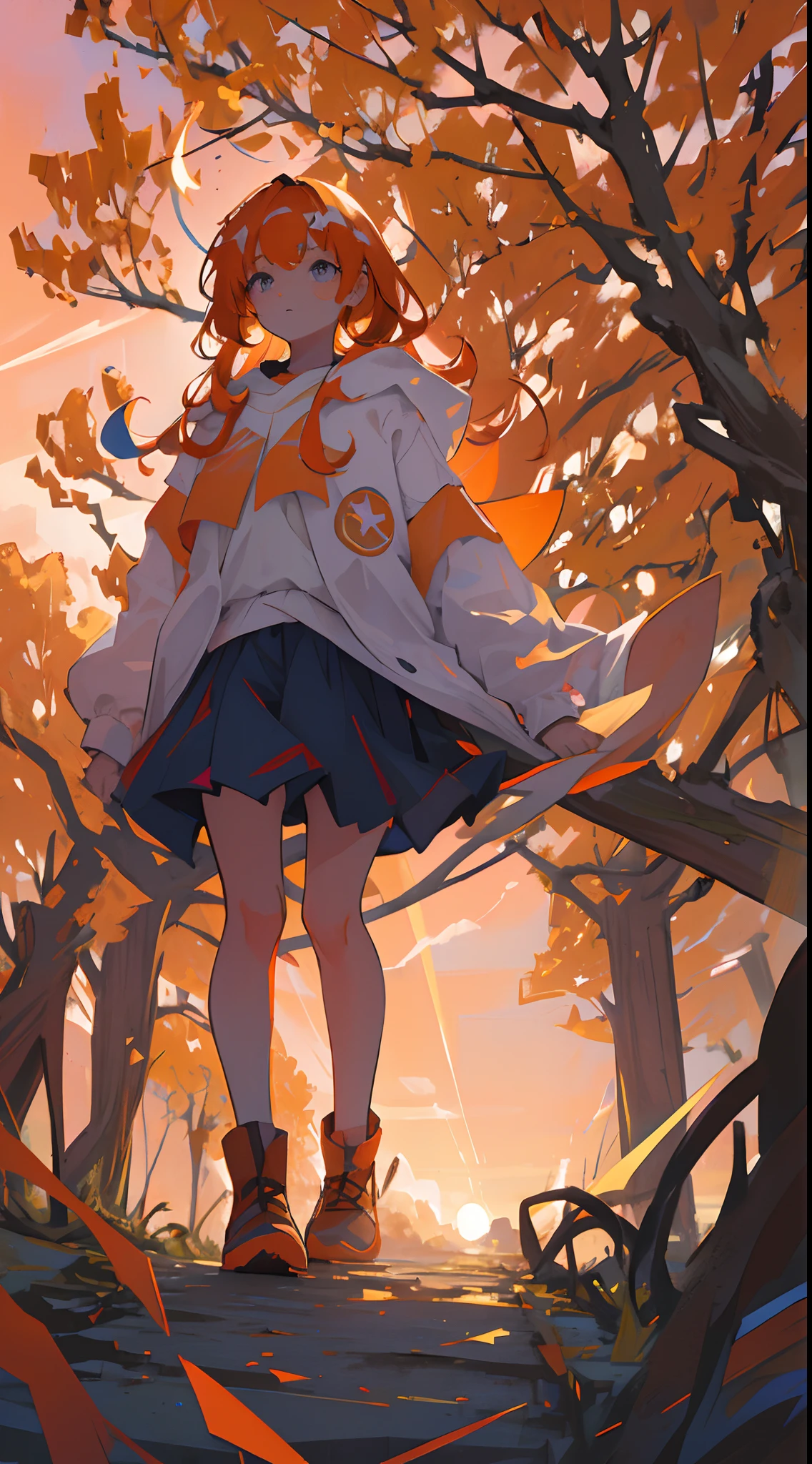 masterpiece, bestquality, a walking girl under a tree at the sunstet, trace lights, perfect light, cool lights, cozy, peace,autum, orange, golden sky,beautiful sky, trees, perfect face,close up, expressive eyes, soft expression, ((blue hair))