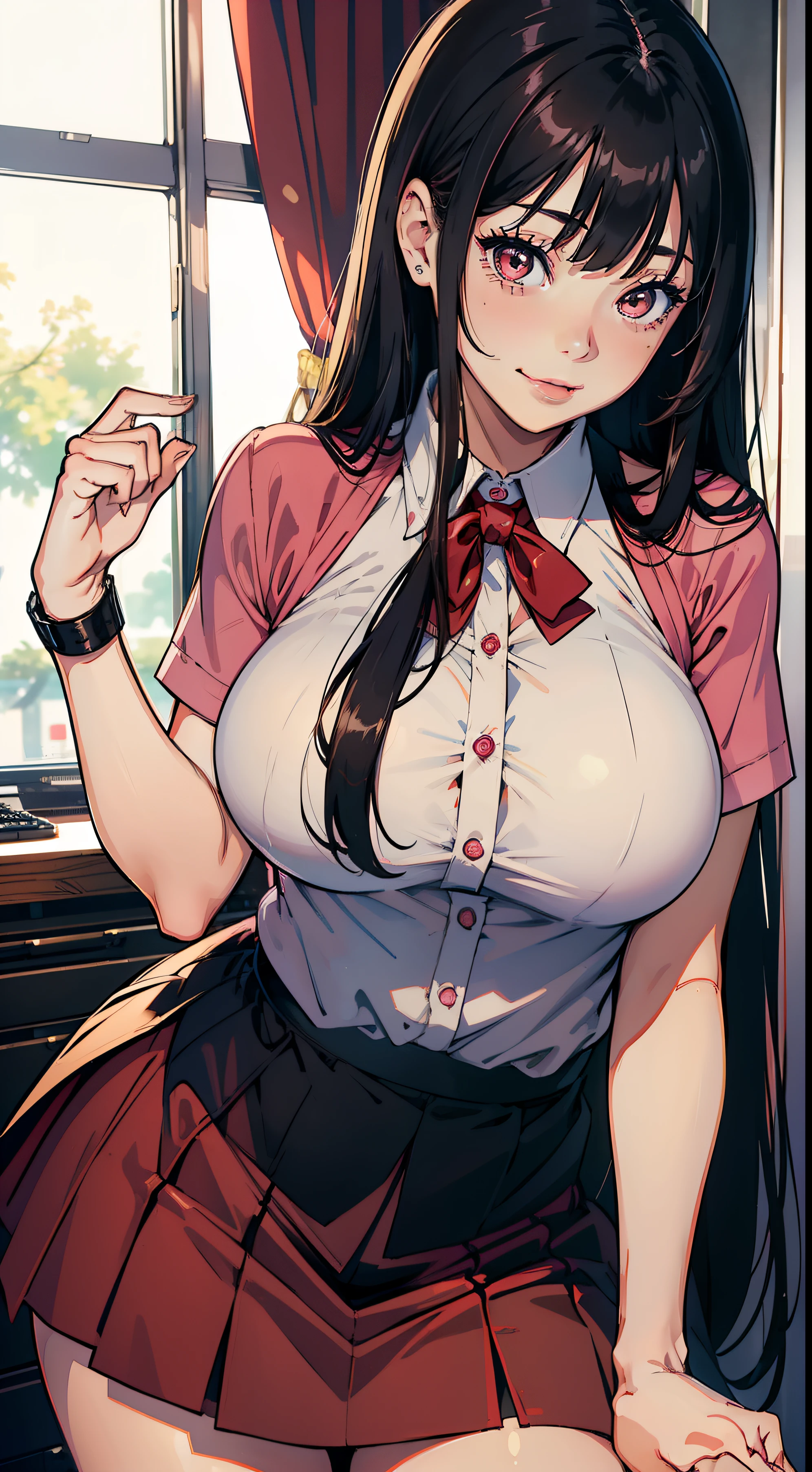 (masutepiece), Best Quality, Expressive eyes, Perfect face, young adult, (((((Female))))), Beautiful eyes, Brown eyes, Long black hair with curtain bangs, Office Skirt, Sexy, Pink costume. Smile, Tongue out, Slightly Chubby Body, Red lips