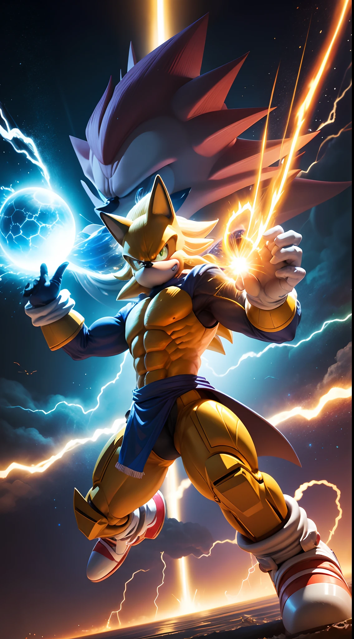 Sonic tranformado em  super saygin, loiro, com ondas de energia, Shenlong ao fundo, fundo galatico, espacial.