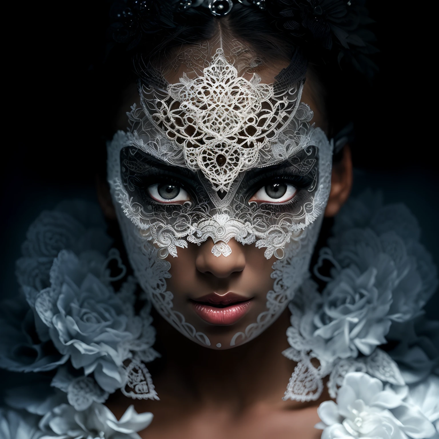 there is a woman with a white lace mask on her face, intricate face, beautiful intricate face, intricate portrait, intricate detailed face, portrait of a steampunk ice lady, dark fantasy portrait, fantasy portrait, beautiful fantasy portrait, intricate mask, intricate beautiful faces, perfect face!! intricate, intricate makeup, cute face. dark fantasy, intricate beauty, intricate patterns on face