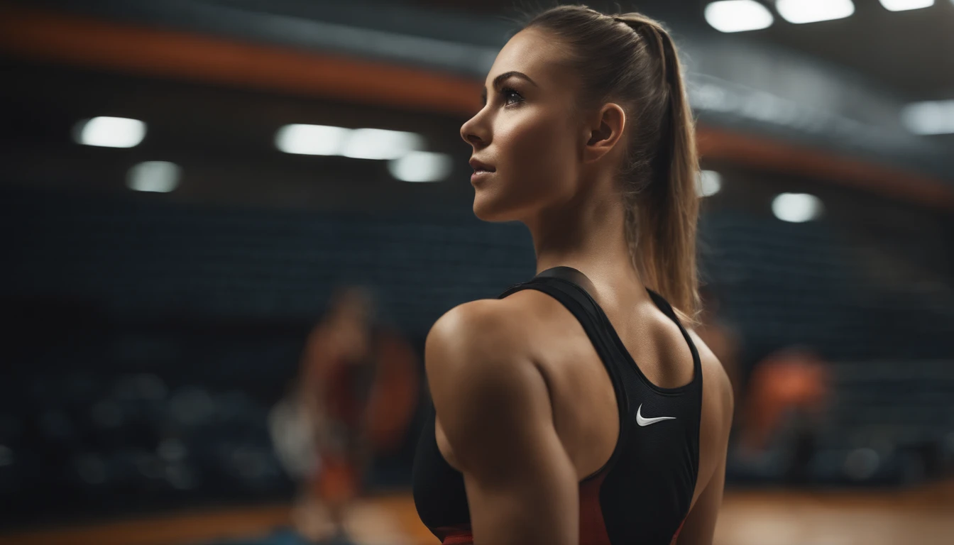 Une belle fille avec des fesses grosses et fermes, Dressed in tight-fitting athletic shorts, European-looking, Pose for the camera in a handball hall, Very detailed, 8k, The background is very realistic, regarder droit devant,elle a un ballon en main,A handball goal in the background