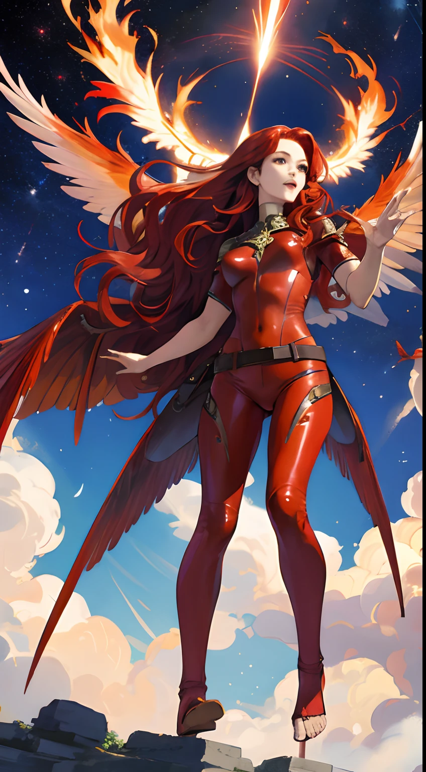 Beautuful Women，a cool，20th generation female，long red wavy hair，Red leather，body suit，heel，ornamented，a belt，breastsout，glareing，With keen eyes，realistic illustration，loimu，Big Flaming Wings，loimu，wingspan，Angelic，Cover the sky，wingspan，plural，Fantastic decoration，full body Esbian，look up sky，Reach for the sky，It's like dancing in space，（Effect Effects），art by，Fantasia，Beautuful Women，
