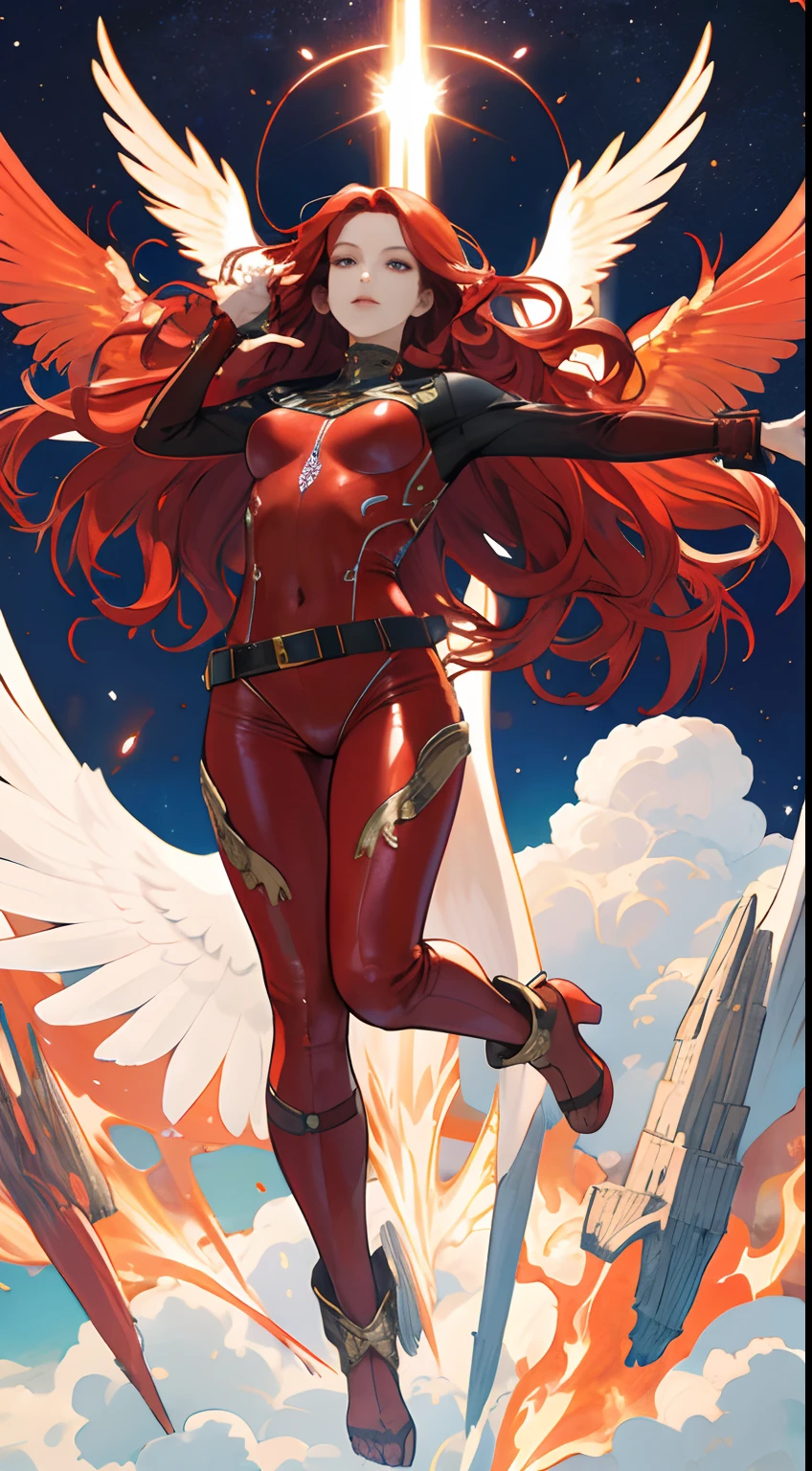 Beautuful Women,a cool,20th generation female,long red wavy hair,Red leather,body suit,heel,ornamented,a belt,breastsout,glareing,With keen eyes,realistic illustration,loimu,Big Flaming Wings,loimu,wingspan,Angelic,Cover the sky,wingspan,plural,Fantastic decoration,full body Esbian,look up sky,Reach for the sky,It's like dancing in space,(Effect Effects),art by,Fantasia,Beautuful Women,