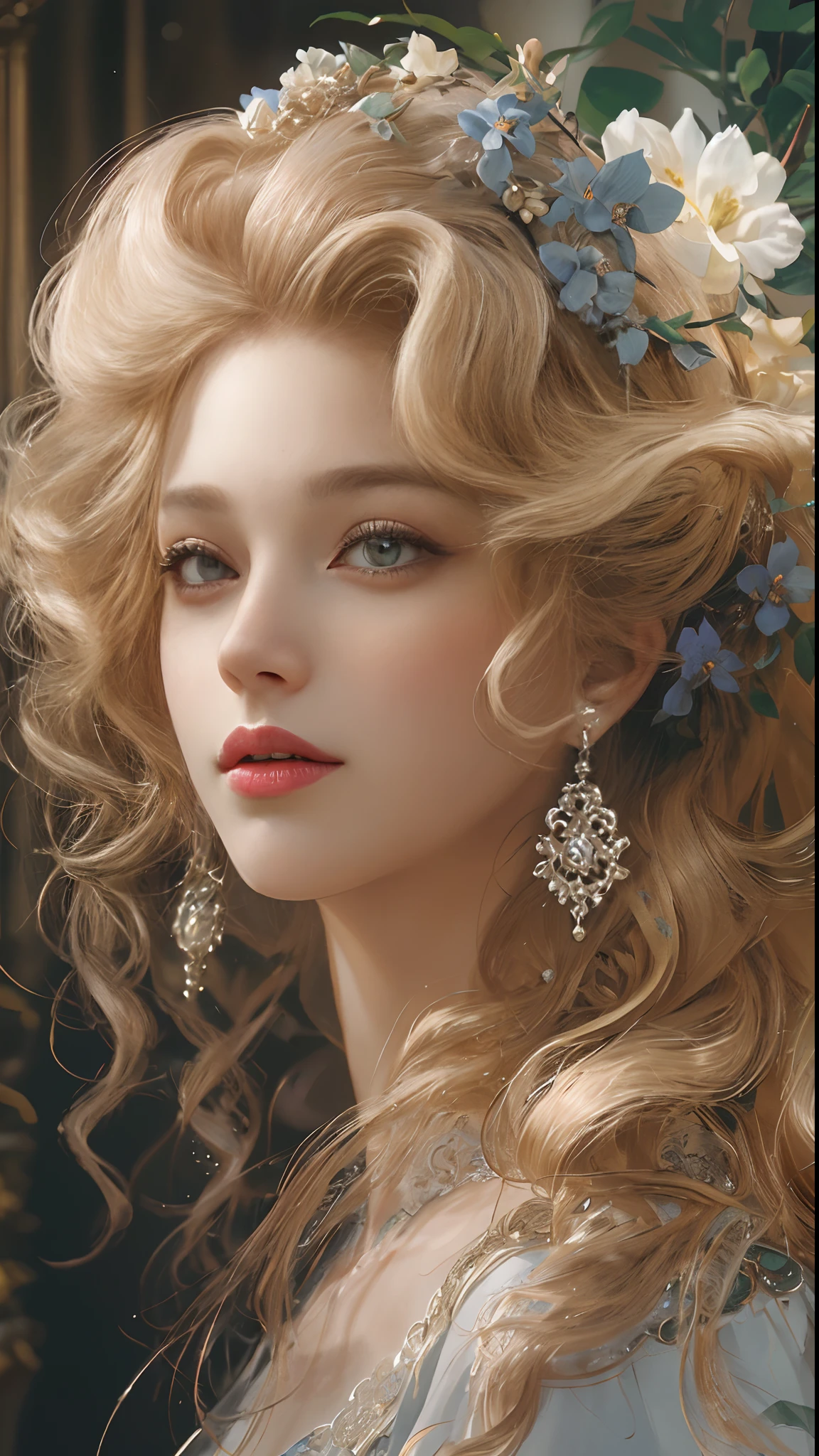 (Best quality, 4K, 8K, A high resolution, Masterpiece:1.2), Ultra-detailed, Realistic portrait of an aristocratic maiden, Exquisite facial features,Long blonde curly hair details expressed, Graceful posture, Dreamy atmosphere, expressive brush strokes, mystical ambiance, Artistic interpretation,Delicately coiled hair,Delicate floral jewelry,Small fresh aesthetics,Stunning intricate costumes, a whimsical illustration, Subtle colors and tones, mystical aura,The details have been upgraded