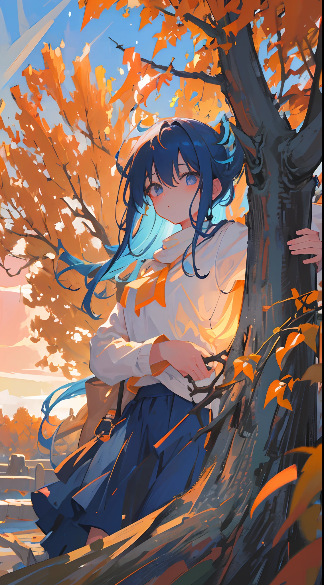masterpiece, bestquality, a walking girl under a tree at the sunstet, trace lights, perfect light, cool lights, cozy, peace,autum, , golden sky,beautiful sky, trees, perfect face,close up, expressive eyes, soft expression, ((blue hair)), orange