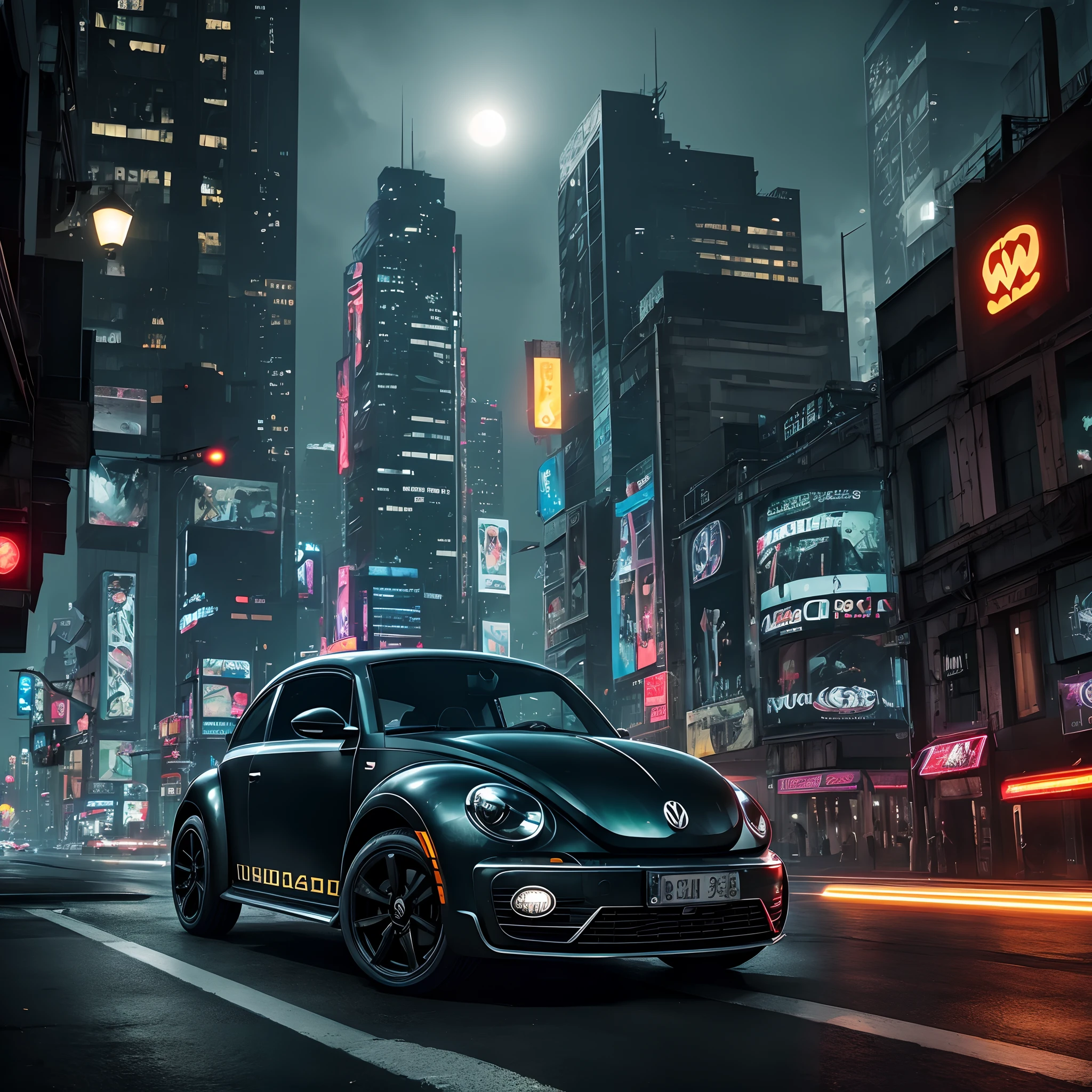 VW Beetle as a Batman's car with the wings, cyberpunk city, dark atmosphere, nightfall, cinema photography, cold colours