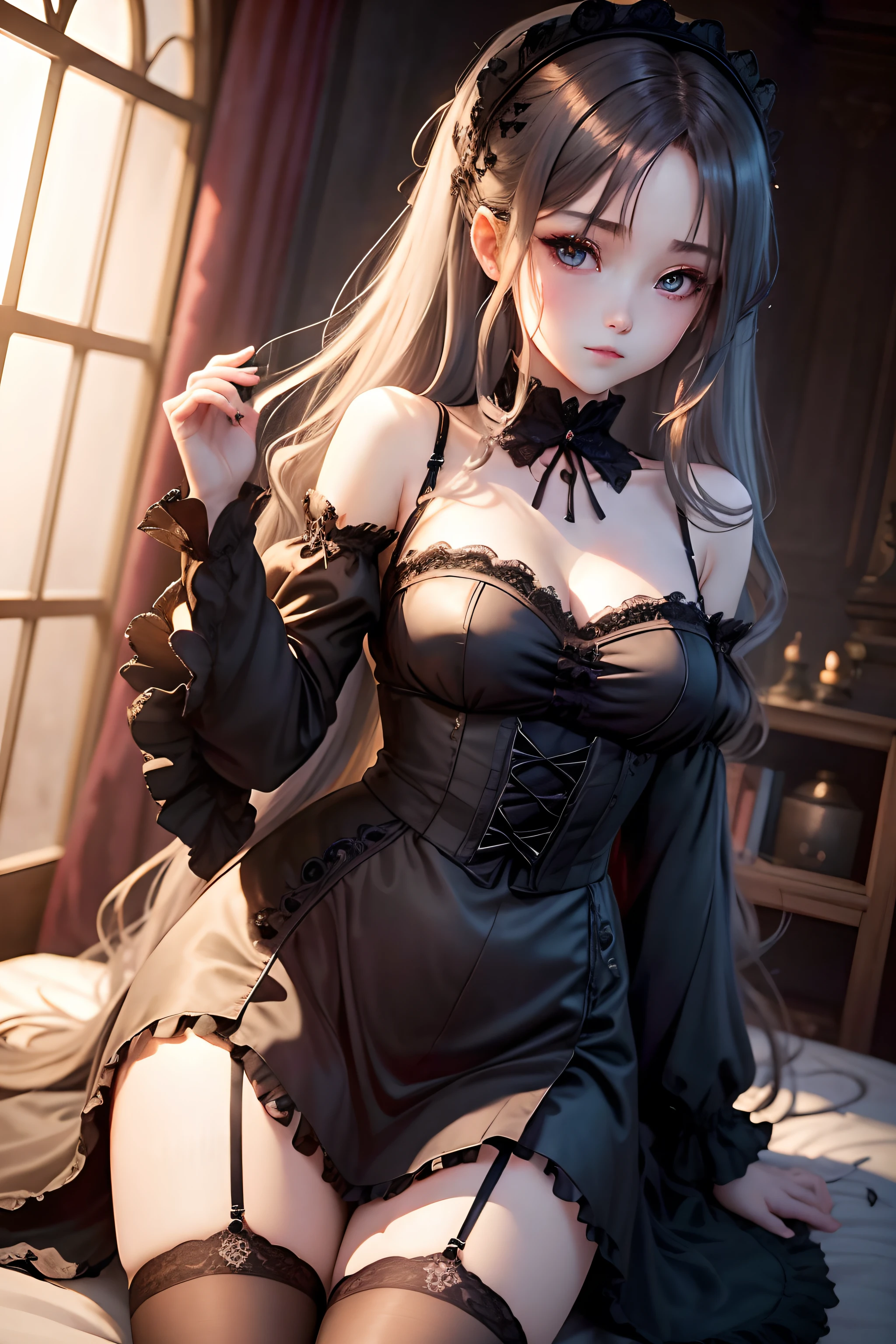 maid clothes、straight haired、A sexy、Glamour、perspiring、Gothic lolita、A slight smil、A sexy、Dark Gothic Makeup、put your hair up、bell sleeves、Wizard Sleeve、garterbelts、knee high socks、a bed、sky at night、Beautifying the world、Unhappy、age19、long-haired twin-tailed hair、Lament my night's fantasy、Beautie、Beautiful shape、wretched、ghosts、wraiths、