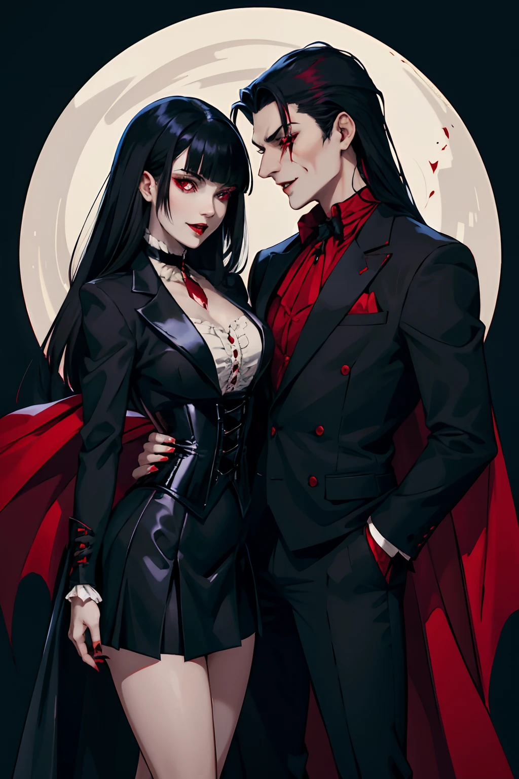 Vampire Pale man, long black hair and black and red suit vampire clothes kissing a pale woman with black hair with bangs black mini skirt black and black corset, fishnet stockings, vampire woman’s outfit, vampire couple, kissing and making sex excited panting, vampire man with long hair and vampire woman,