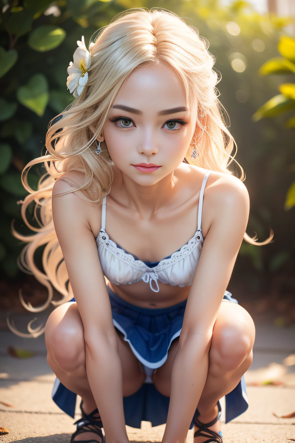 1 very slim girl, blonde, USA, fresh air, happy, small earrings, flower in hair, white skin, tiny, wavy hair, skirt, full body, squat, very detailed body, very detailed face, very small chest, small ass, thin waist, seductive smile, impressive pose, shiny skin (detailed eyebrows), beautiful eyes, realistic skin, detailed face, ultra-realistic, sharp and highly detailed focus