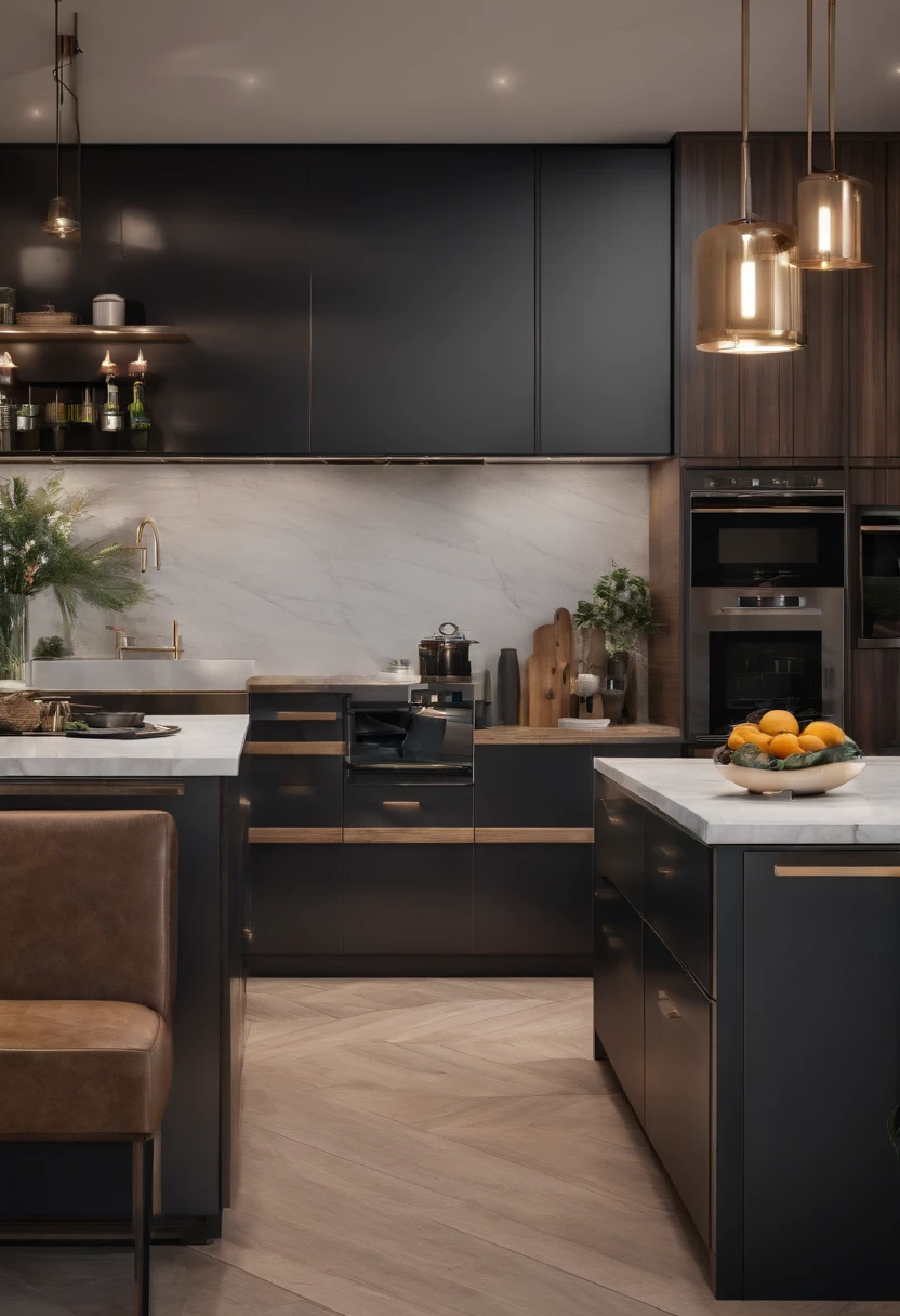 modern kitchen,Gorgeous renovation,Refrigerator,cupboard,Wide scene,in a panoramic view,from outside, UHD, high details