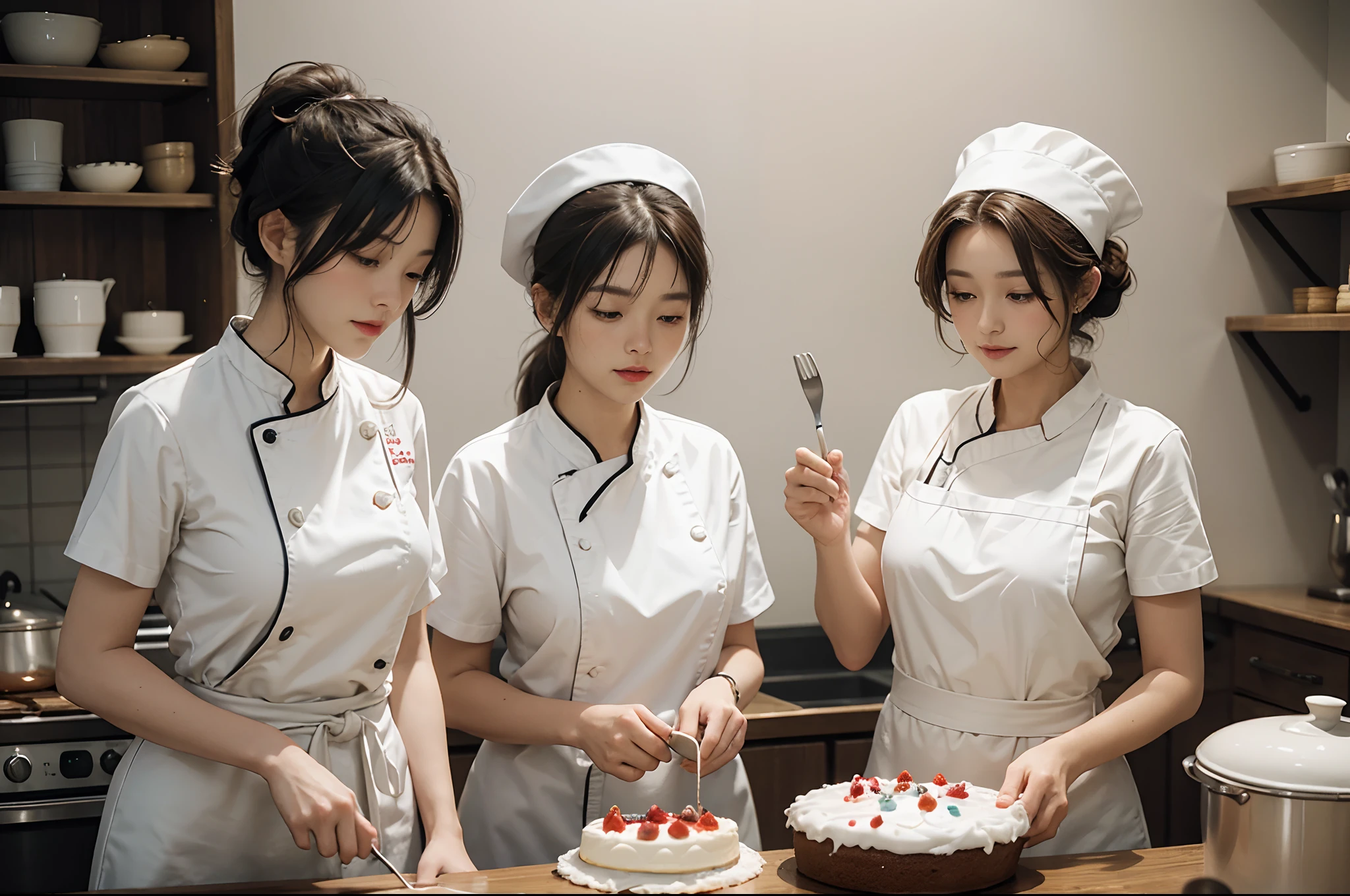 A elderly woman and a young woman cooking cakes, both have chef style white uniforms. The old woman is stiring mix in a bowl. The young is decorating a cake with cream. Equipment of a bakery behind them. Cinematic illumination.