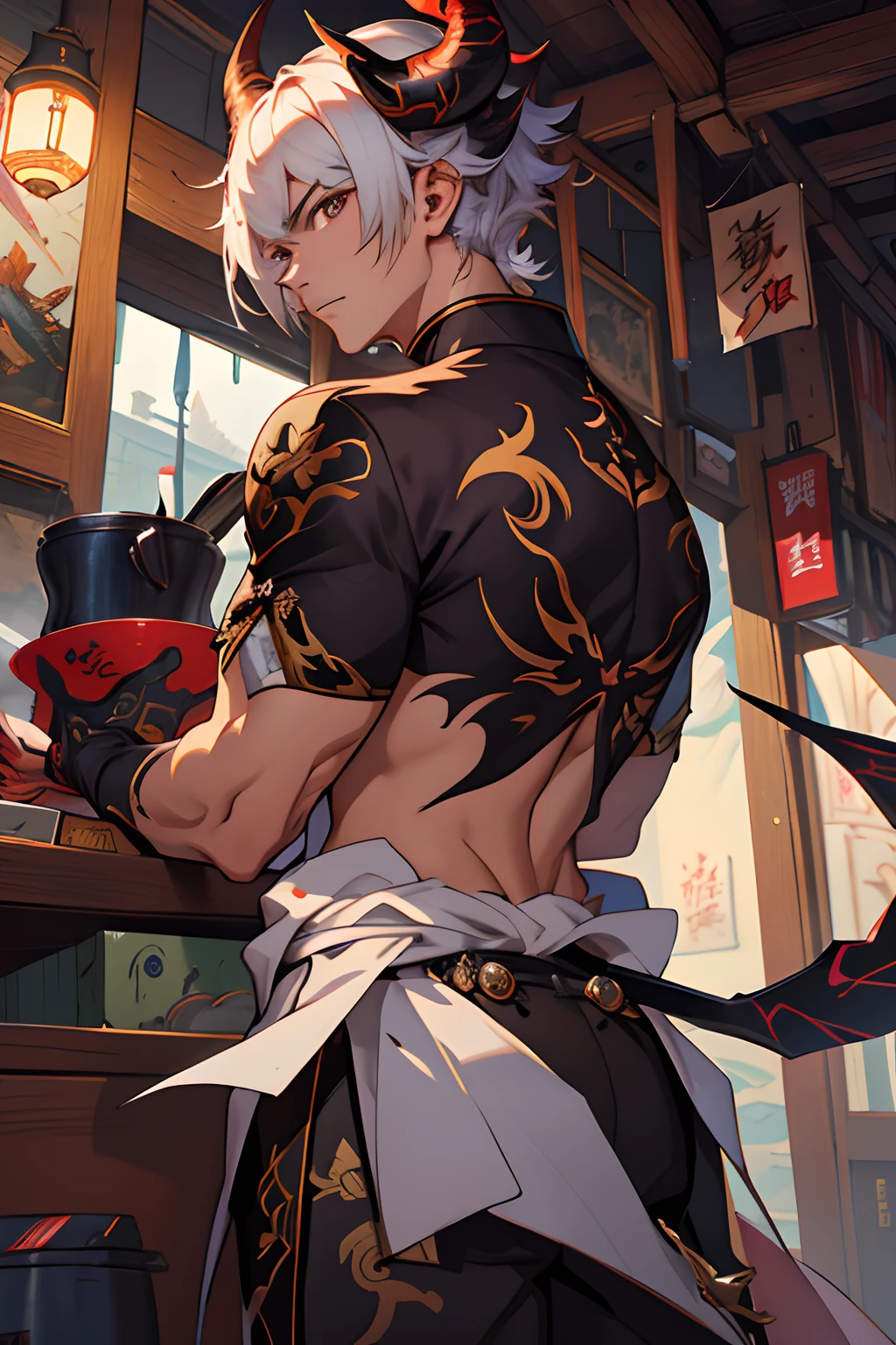 anime - style image of a man with a demon costume and a knife, by Yang J, by Shitao, artwork in the style of guweiz, guweiz on pixiv artstation, kawacy, highly detailed exquisite fanart, detailed digital anime art, guweiz on artstation pixiv, guweiz, keqing from genshin impact, male, 1boy, solo, horns, rail, back to camera