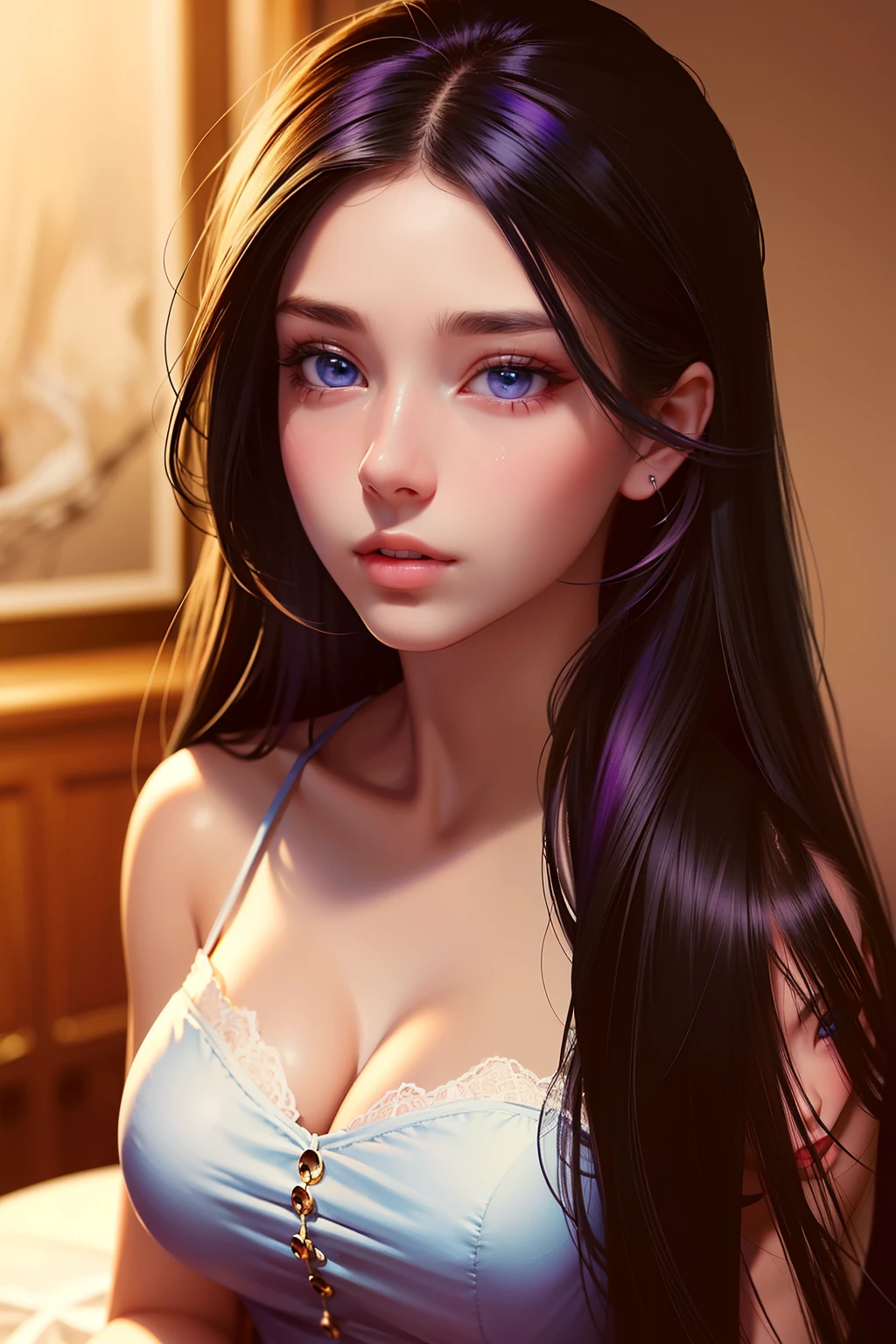Top quality, masterpiece, (realism: 1.2), 1 girl, black hair, purple hair highlight, blue eyes, front, detailed face, beautiful, cute, long hair,