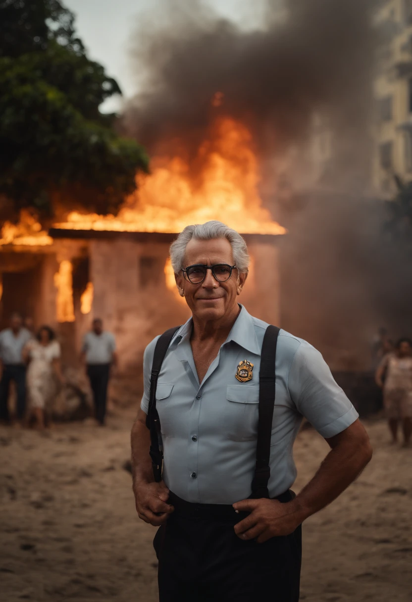 realista cena de cinema retrato de um senhor brasileiro gordo de 170cm de altura, 55 anos, with glasses and gray hair, olhar e sorriso de tranquilidade, In the background of the scene a 6-story building on fire with very realistic glass explosions in Brazil, luzes e sirene de bombeiros, lots of smoke, panico geral dos bombeiros