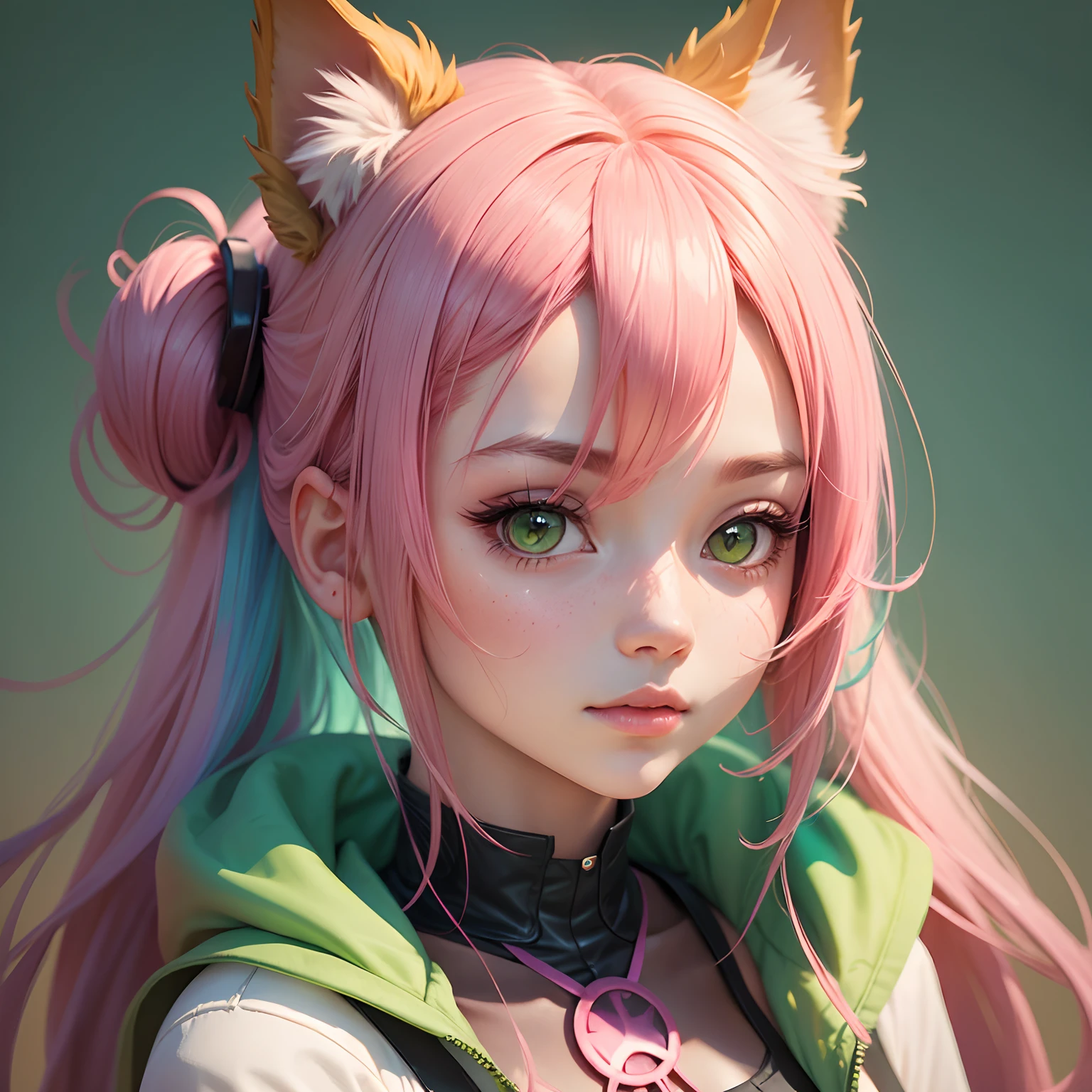 1girl, animal_ears, gradient, gradient_background, green_background, looking_at_viewer, pink_hair, solo by JM