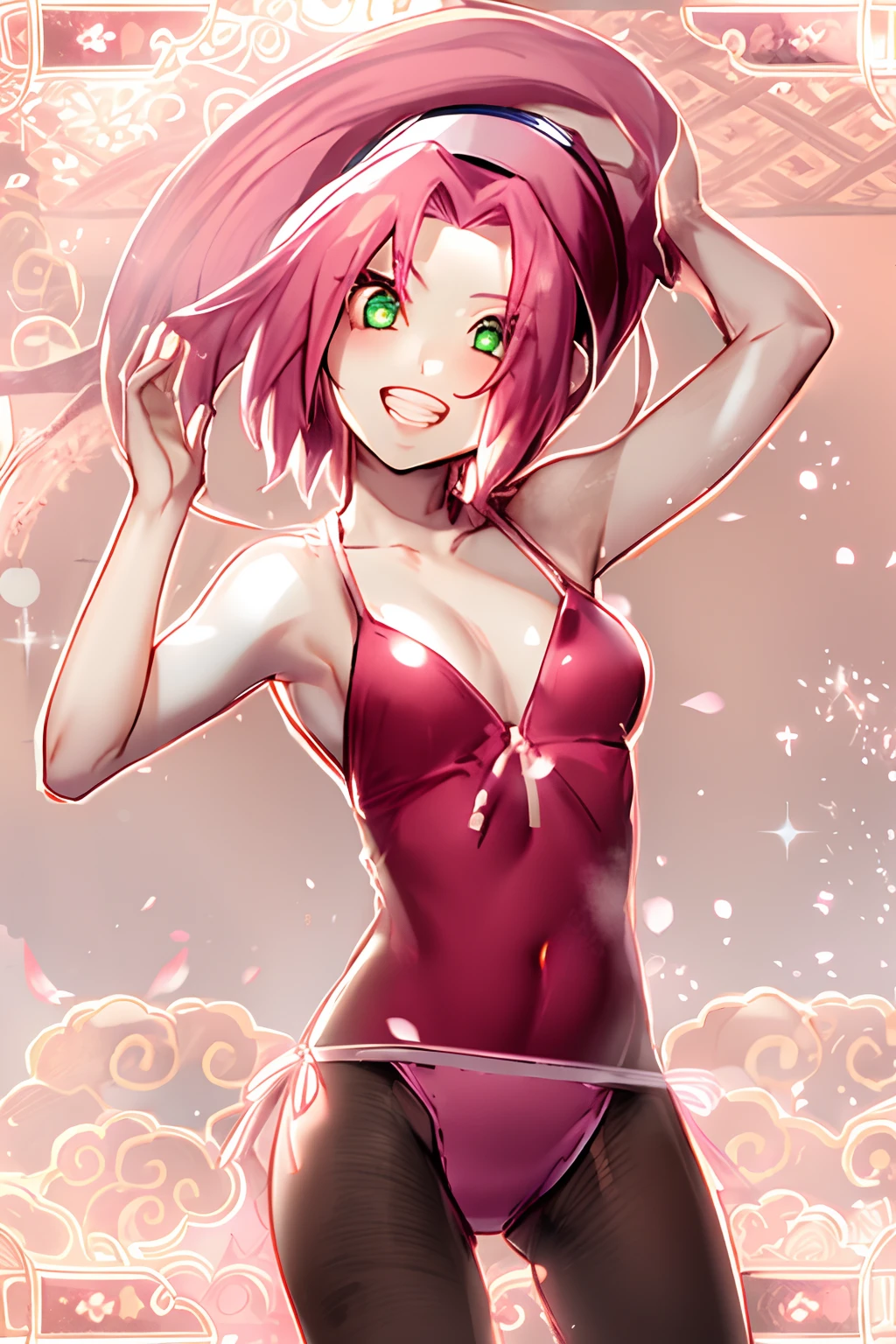 haruno sakura, naruto \(series\), naruto, 1girl, blue headband, breasts, cherry blossoms, green eyes, grin, hair intakes, headband, jacket, long hair, looking at viewer, open mouth, pink hair, red jacket, sketch, sleeveless, sleeveless jacket, small breasts, smile, solo, upper body, portrait, aged down, flat chest, , ((masterpiece))