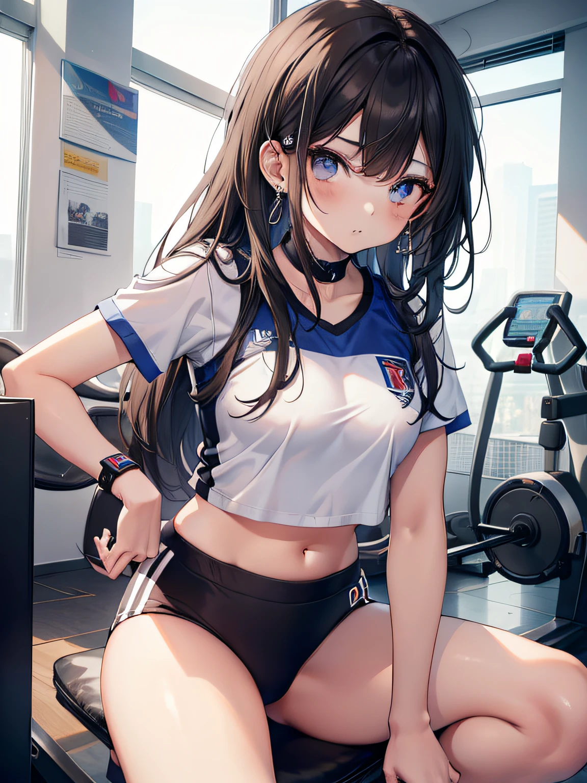 (Obra maestra, La mejor calidad, ultrahigh resolution, splendid),1girl,Ropa deportiva ajustada, Uniforme de baloncesto, Gargantilla negra, piercings, cabello negro de longitud media, Hermosa cara detallada, ojos detallados, en un gimnasio, sudor