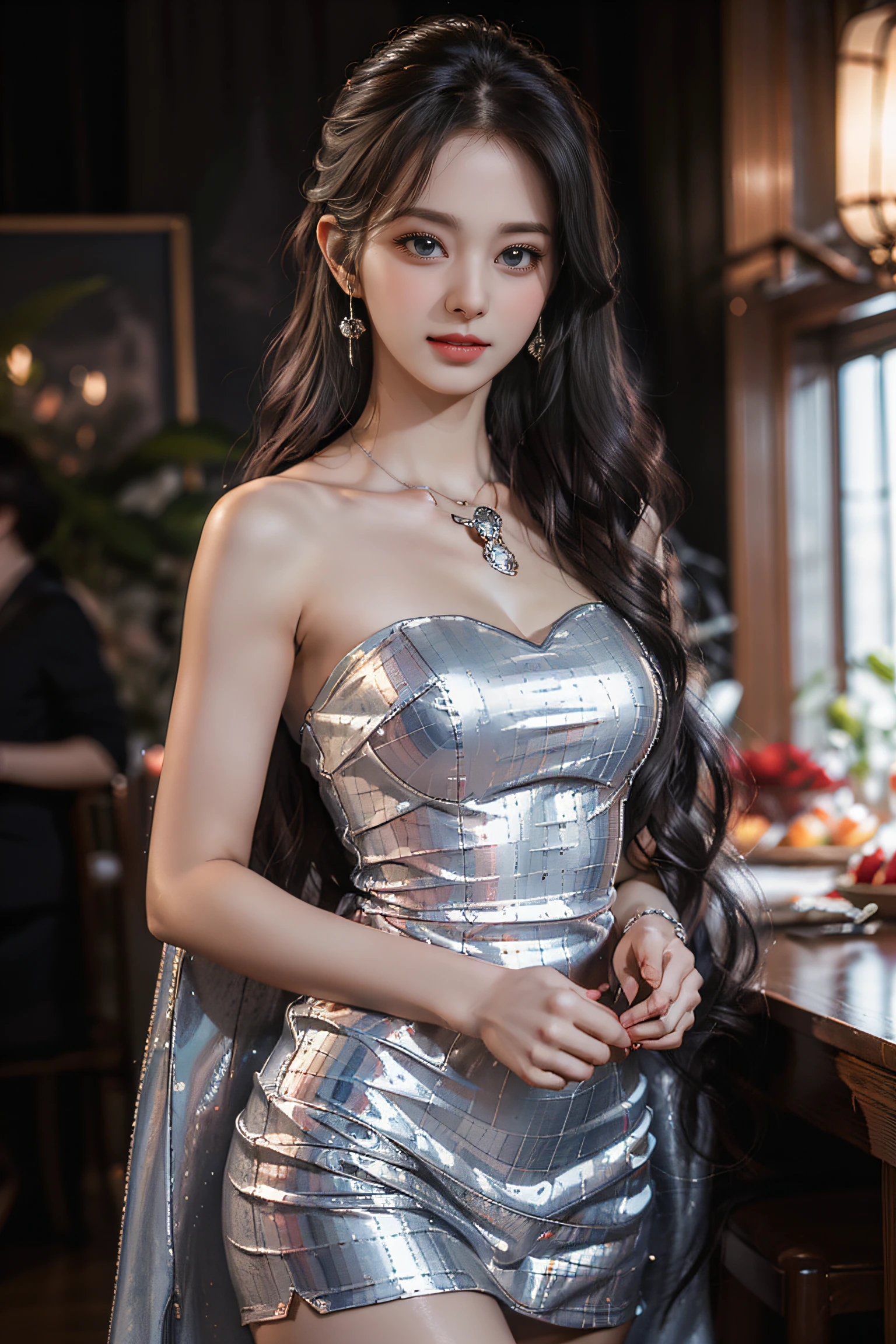 Top quality work,Photorealistic works,Ultra Premium Graphics,8K HD CG works,High-quality graphics,High-definition fine CG works,10x pixel,Ultra-fine details:1.1,Advanced technical details:1.1Photographically realistic,Indoor lighting effects:1.5,Natural light:1.5. light effect(Virtual Light Effects:1.8),超A high resolution,Shiny Blue Dress,Long silver hair,Silver hair,Transparent hair,High Detail Hair(Premium Hair Detail:1.1)Clear eyes,Good looking double eyelids,Sharp eye makeup, Delicate makeup for eyelashes, Thin eyebrows, ultradetailed eyes,High Nose, lovely red lips, Rose cheeks, Face with delicate makeup , Pretty Face, A perfectly proportioned face,(Advanced facial details:1.1)Collection of shiny blue luxury dresses,Blue Sequin Dresses,Sequin coat,shiny,Tight long skirt,Summer Sexy Hip Wrap Fishtail Sleeveless Commuter Maxi,Horse Stockings 100%Oil Gloss Panst Gloss Silk Luster 8D Black Silk Woman,stiletto heels,mitts,Beautiful long dresses,wonderful dress,Bright Red Series,Haute Couture Dresses Collection,Dress Photography,Authentic dress works,In the banquet hall,Women's Artwork,full-body view,Goddess of Dress,真实感,amazing,Today's eyes are bright