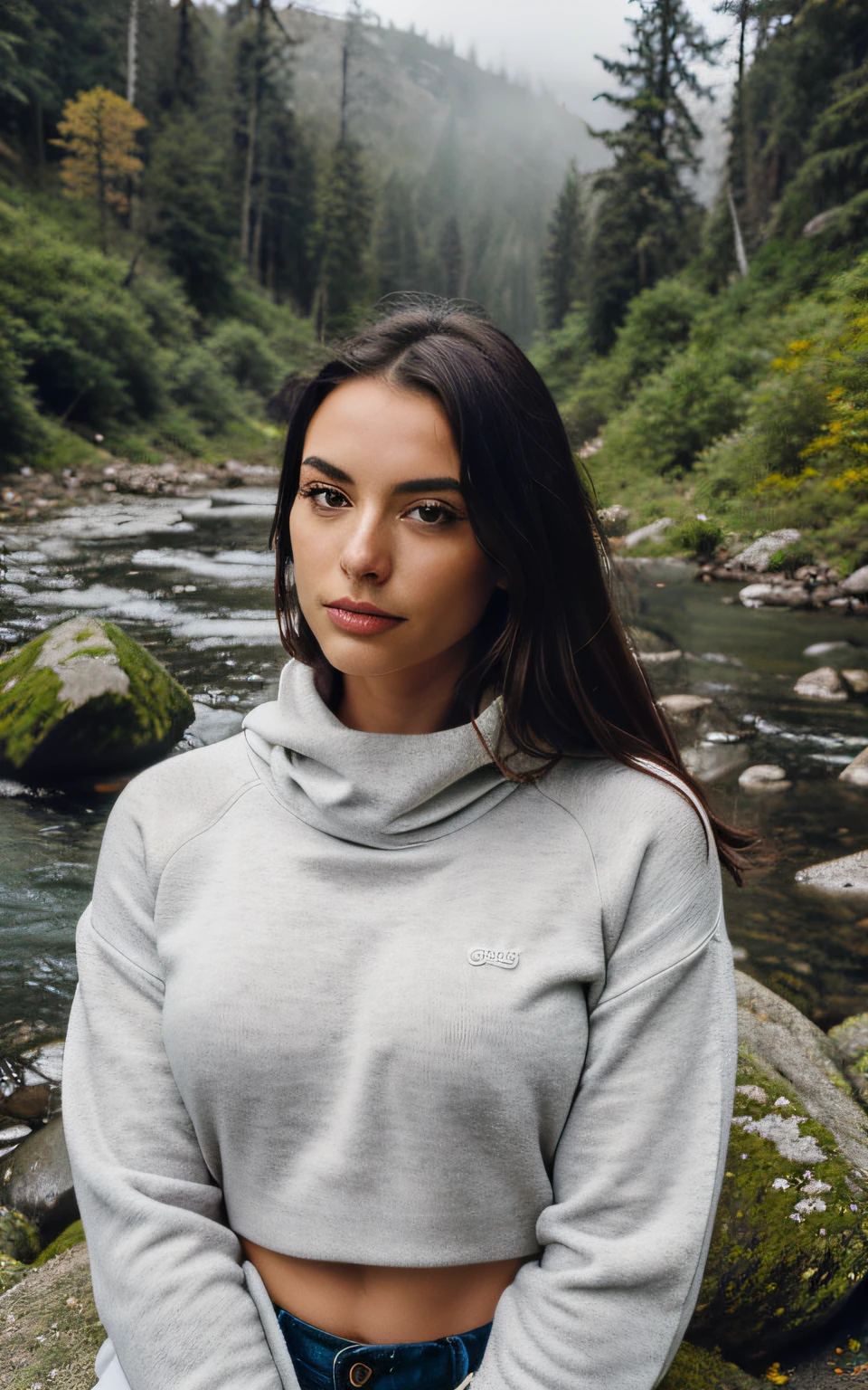 photorealistic, best quality, hyper detailed, beautiful women, selfie photo, big bra, colorful outfit, upper body, wearing pullover, bathroom, real life nature, (cheerful, shy), sleeping bag, gloves, sweater, forest, rocks, river, wood, smoke, fog, clear sky, looking at viewer, skin texture, close up, ultra high res, RAW, instagram LUT,