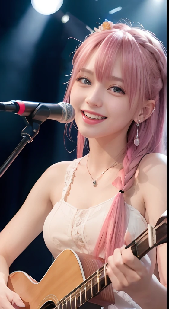 (ultra-detailliert), high-school uniform、Blue eyes,The upper part of the body、a closeup、faces、(A smile:1.5),(facing front:1.2),(masutepiece:1.3, Best Quality, Photorealistic, Ultra-detailed, Wallpaper), 1 beautiful girl, Band Group Vocals, Holding an electric guitar and singing a song, Stand Microphone, Mouth open, Beautiful face, Detailed face, Beautiful eyes, Detailed eyes, Looks fun、Smiling, Necklace, Detailed guitar, (Straight guitar neck and 6 strings), Only 1 person,Pink Hair Medium Hair, (Pink hair), Ear Hair, small tits, Single braid, (Single braid), (Side braid),on a stage, Spotlight, Look at the viewer、small tits