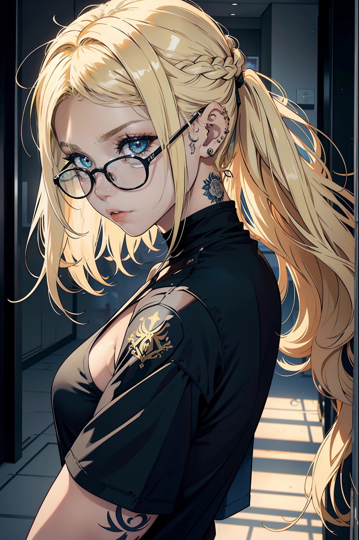 young woman, corte de cabelo de riley nixon, cabelo raspado, blonde hair, cabelos muito curtos, em breve, camiseta tanque branco camisa, tatuagem da lua vermelha, tattooed right arm, wearing glasses, blonde hair, corte de cabelo de riley nixon, Batom Preto, piercings no rosto, in a skyscraper, Looking at the Viewer, Cidade da tempestade, 4k (obra-prima, qualidade superior, melhor qualidade, arte oficial, beautiful and aesthetic: 1.2), 1menina, tatuagem, solo, roupas japonesas, ornamento de cabelo, desembainhamento, cabelo preto, bainha, tatuagem nas costas, olhos azuis, fora do ombro, ombros nus, looking behind, from behind, flor, olhando para o espectador, segurando, maquiagem,
Interior