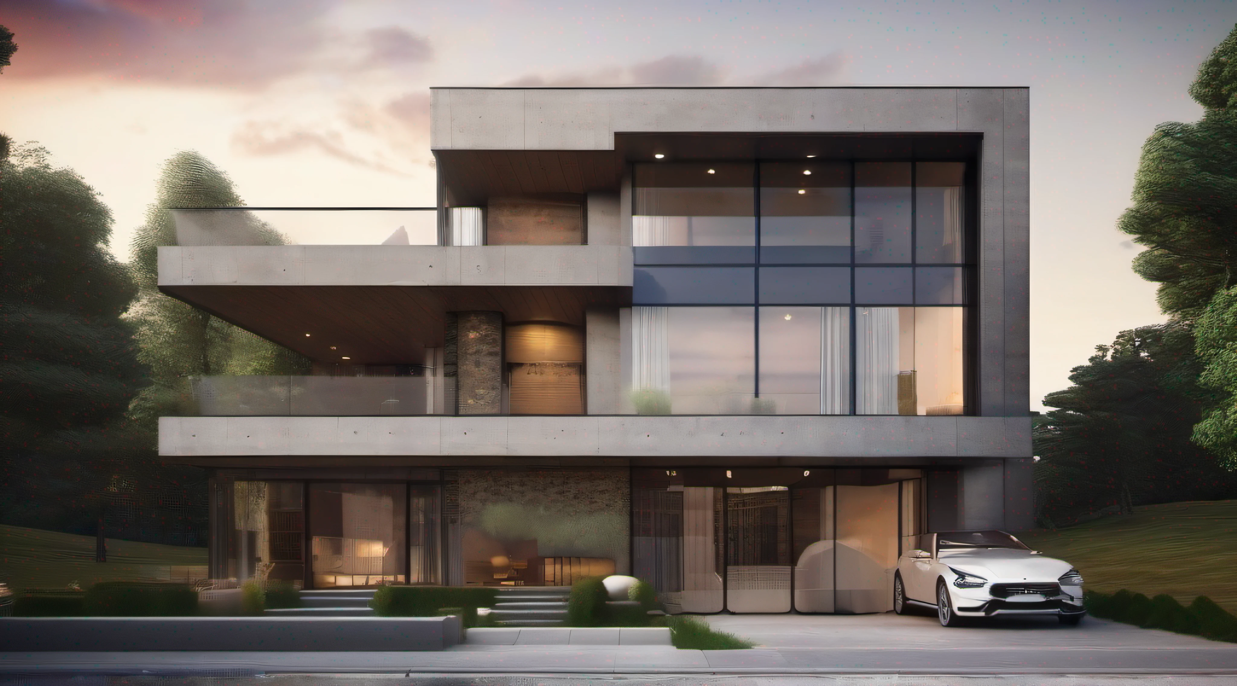 (high quality, ultra-detailed, realistic:1.37), a house with exposed concrete, modern, spacious, open concept, exterior view.