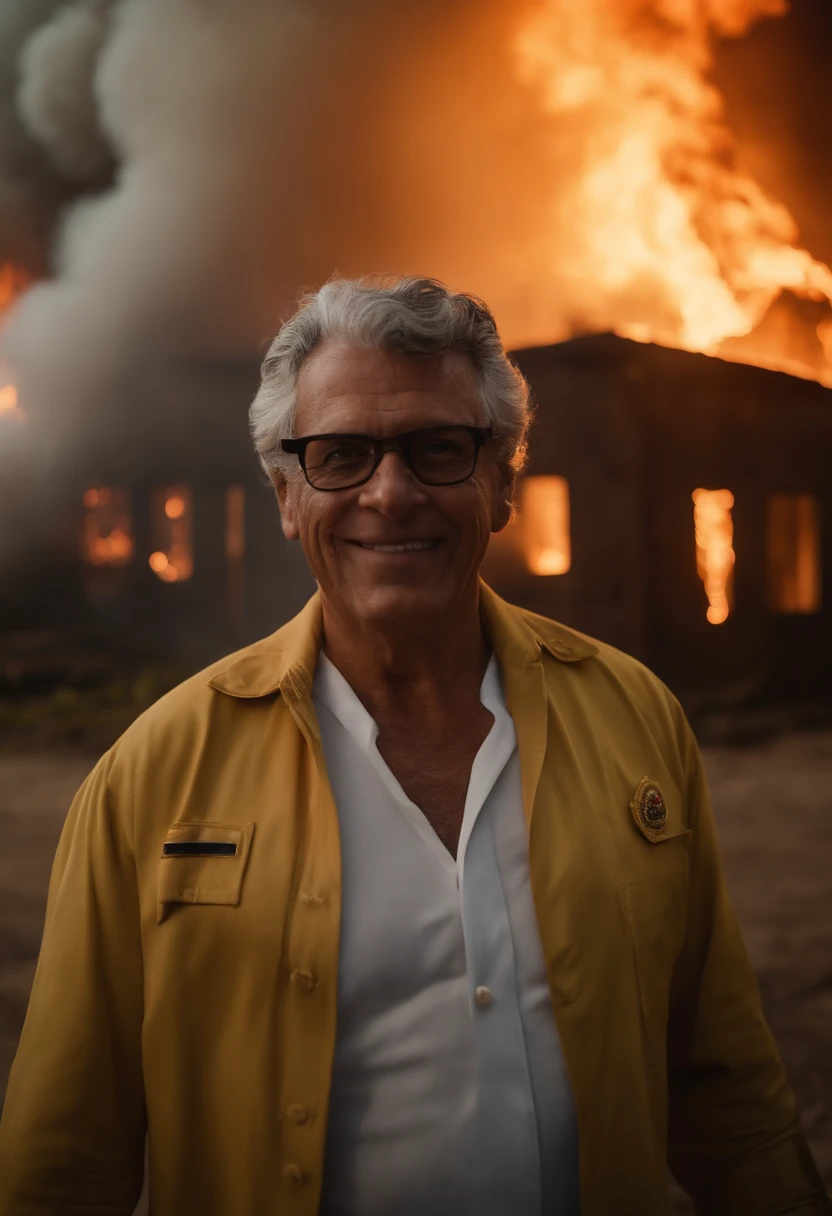 realista cena de cinema retrato de um senhor brasileiro gordo de 170cm de altura, 55 anos, with glasses and gray hair, olhar e sorriso de tranquilidade, In the background of the scene a 6-story building on fire with very realistic glass explosions in Brazil, luzes e sirene de bombeiros, lots of smoke, panico geral dos bombeiros
