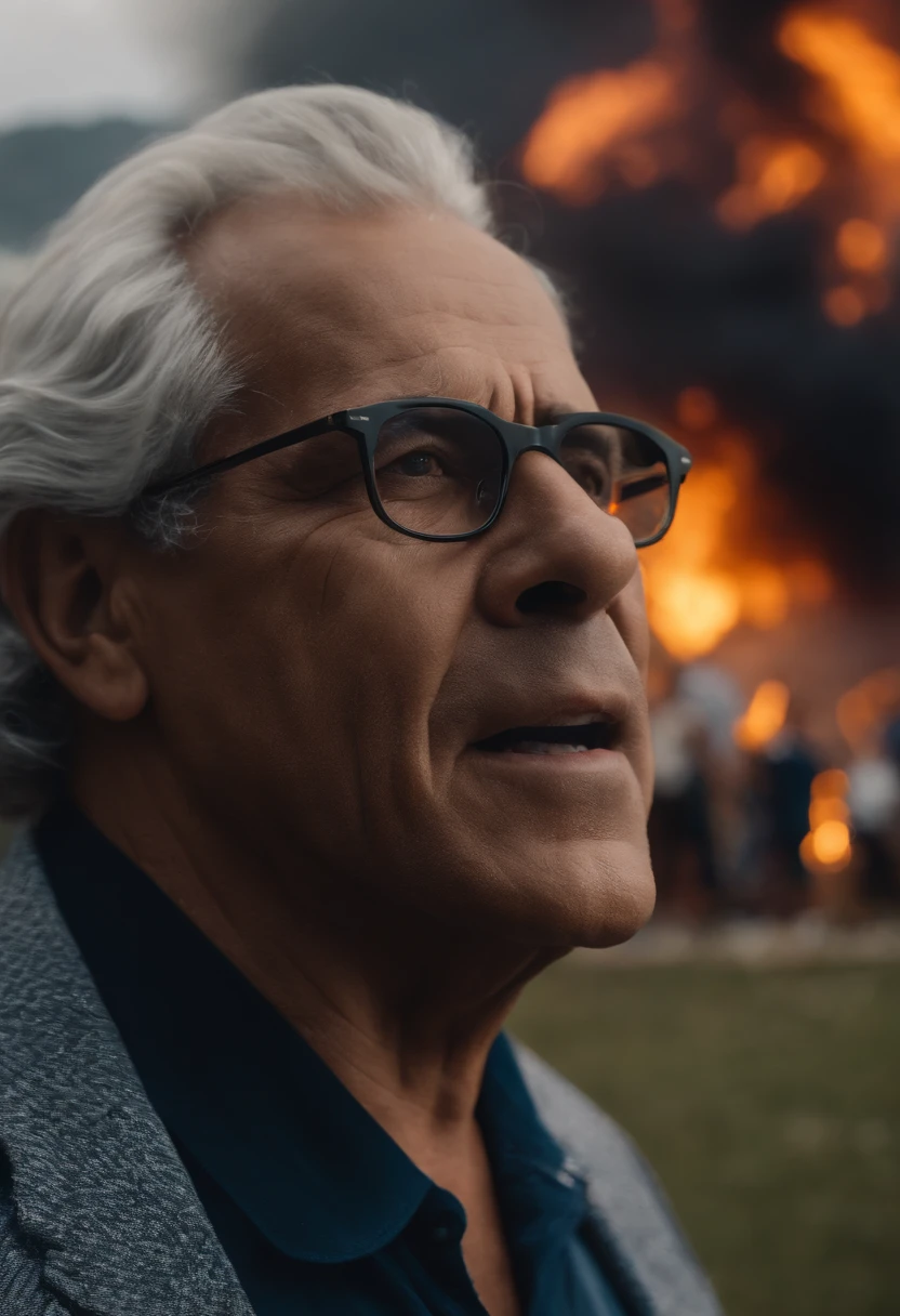 realista cena de cinema retrato de um senhor brasileiro gordo de 170cm de altura, 55 anos, with glasses and gray hair, olhar e sorriso de tranquilidade, In the background of the scene a 6-story building on fire with very realistic glass explosions in Brazil, luzes e sirene de bombeiros, lots of smoke, panico geral dos bombeiros