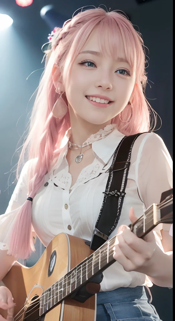 (ultra-detailliert), high-school uniform、Blue eyes,The upper part of the body、a closeup、faces、(A smile:1.5),(facing front:1.2),(masutepiece:1.3, Best Quality, Photorealistic, Ultra-detailed, Finely detailed, High resolution, 8K Wallpaper), 1 beautiful girl, Band Group Vocals, Singing a song on an electric guitar, Stand Microphone, Mouth open, Beautiful face, Detailed face, Beautiful eyes, Detailed eyes, Looks fun、Smiling, earrings, Necklace, Detailed guitar, (Straight guitar neck and 6 strings), Only 1 person,Pink Hair Medium Hair, (Pink hair), Ear Hair, small tits, Single braid, (Single braid), (Side braid),on a stage, Spotlight, Look at the viewer、small tits