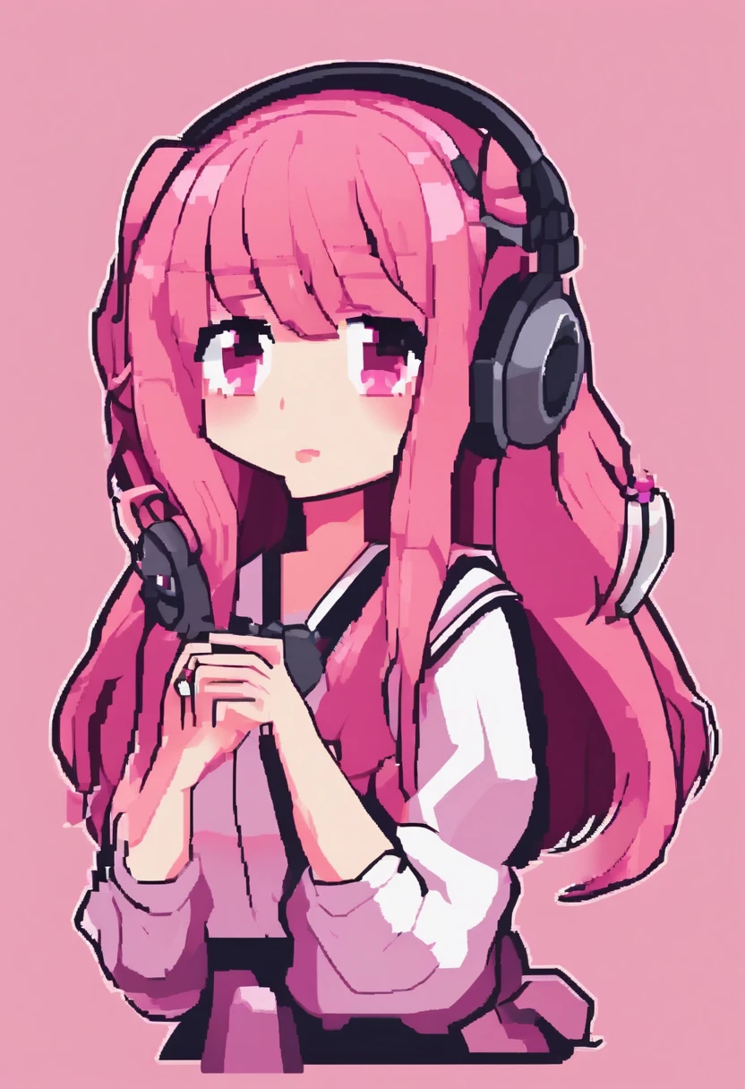 girl with pink hair, wearing headphones, wearing maid outfit, gamer girl