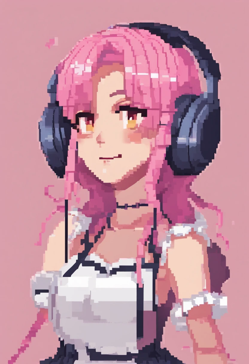 girl with pink hair, wearing headphones, wearing maid outfit, gamer girl