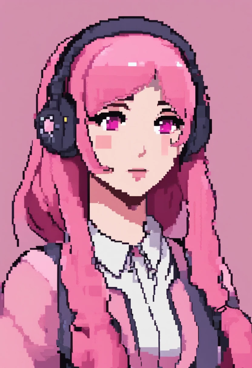girl with pink hair, wearing headphones, wearing maid outfit, gamer girl