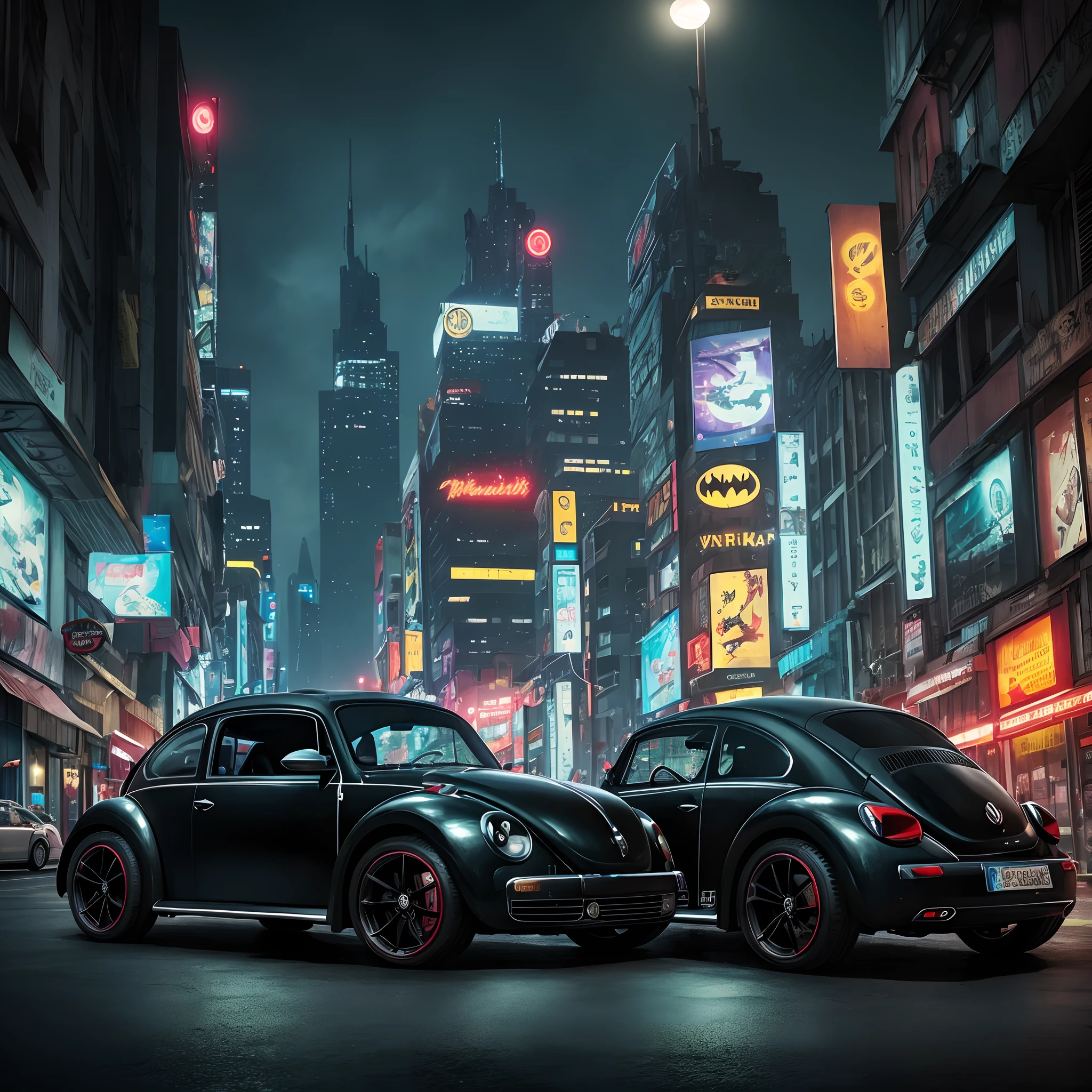 VW Beetle as a Batman's car with the wings, cyberpunk city, dark atmosphere, nightfall, cinema photography, cold colours