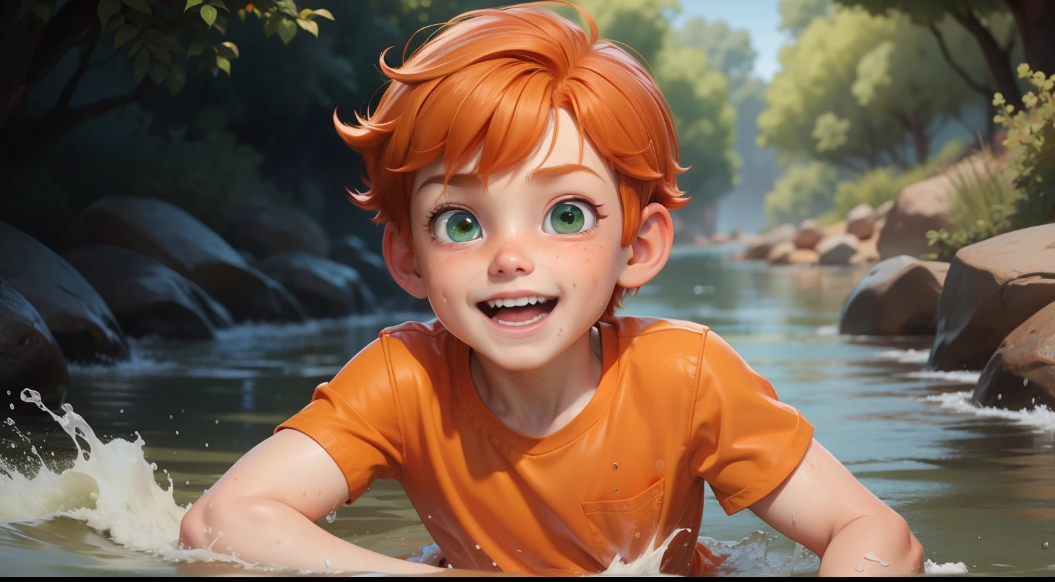  with orange hair, green eyes, wearing an orange shirt, all wet in a river, with a happy expression, pixar disney cartoon style